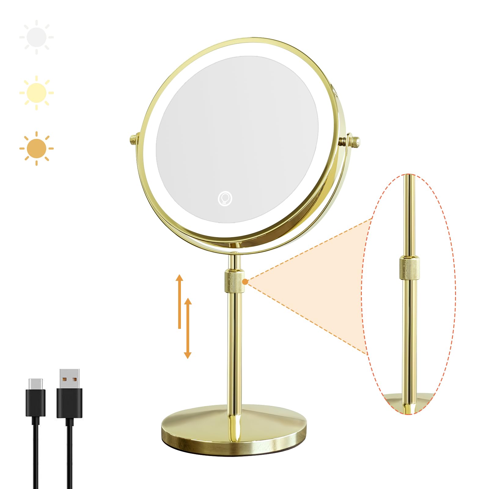 Nicesail Led Make Up Mirror With Lighting, Magnifying Mirror With 3 Color Dimmable Lights, Stand Up Lighted Makeup Mirror 360Rot