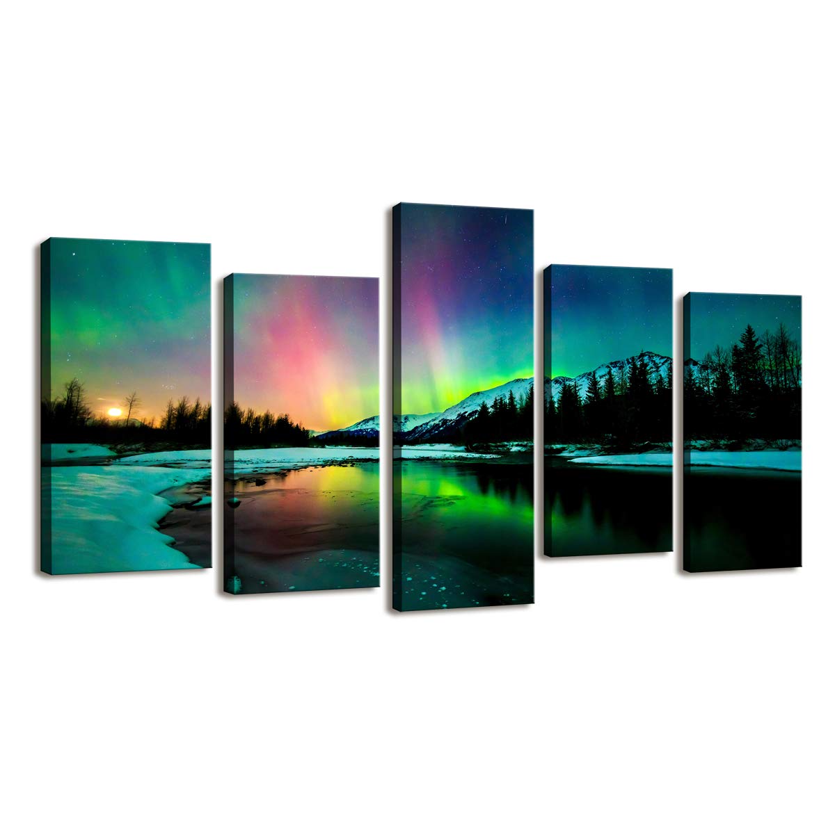 S01927 5 Pieces Wall Art Aurora Scenery Painting On Canvas Stretched And Framed Canvas Paintings Ready To Hang For Home Decorati