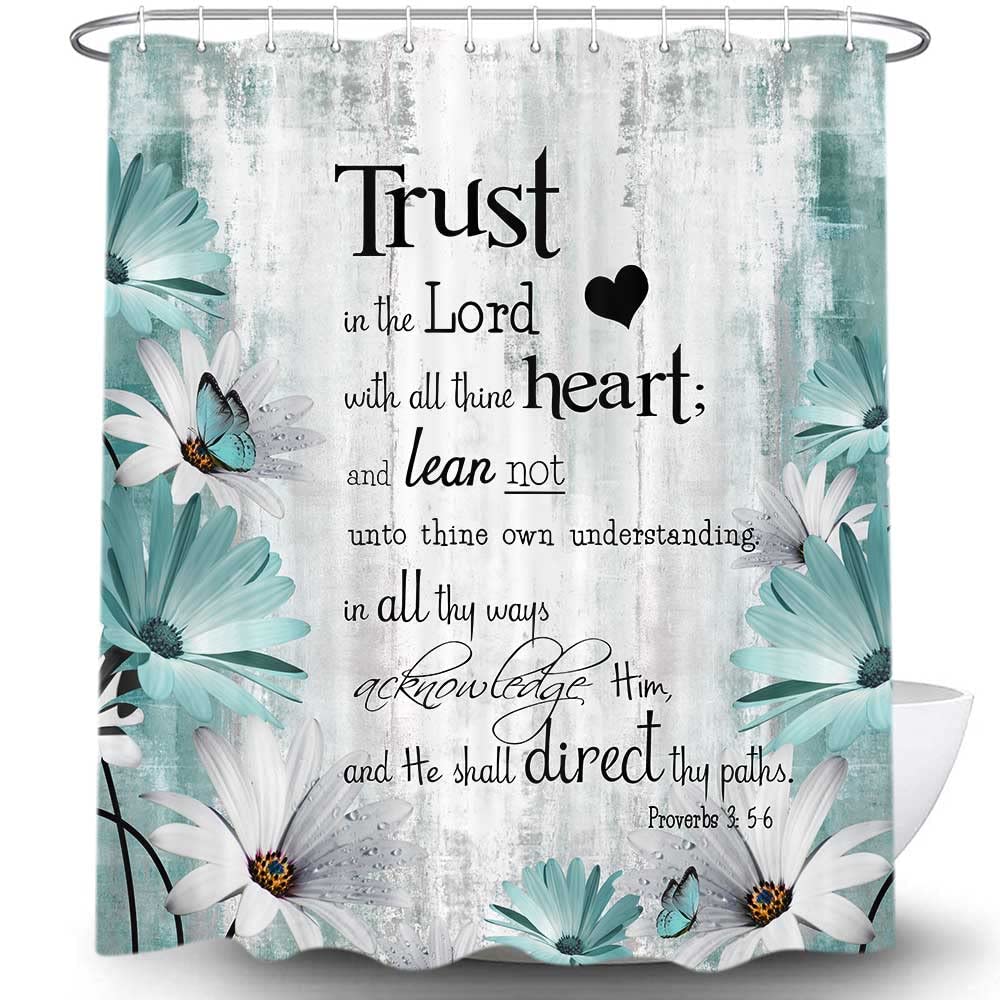 Rustic Farmhouse Teal Shower Curtain Bible Verse Inspirational Shower Curtain Country Farm Teal Daisy Flowers Butterfly Abstract