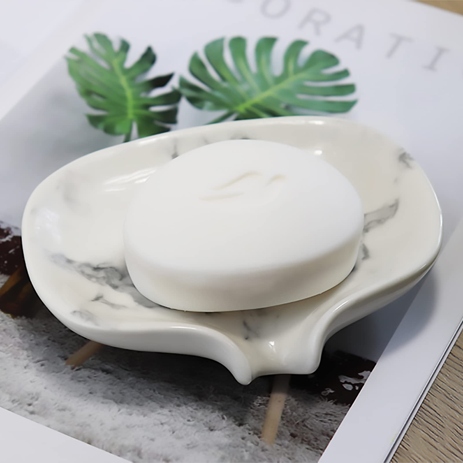 Polyroyal White Marble Texture Soap Dish Ceramic Soap Holder Self Draining Soap Dish Waterfall Slot Sponge Holder Bathroom Accessories for Bathroom  Kitchen Bar Counter.