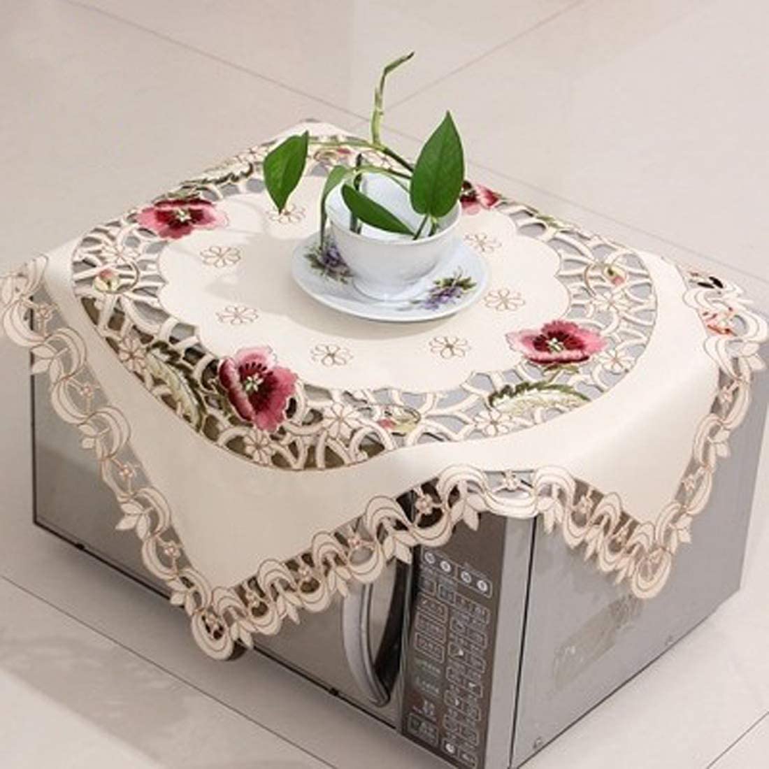 LeLehome Embroidered Lace Beige Tablecloth, 33 Inch Square Vintage Rufous Red Flower Classic Doily Small Dining Table Cloth Cabi