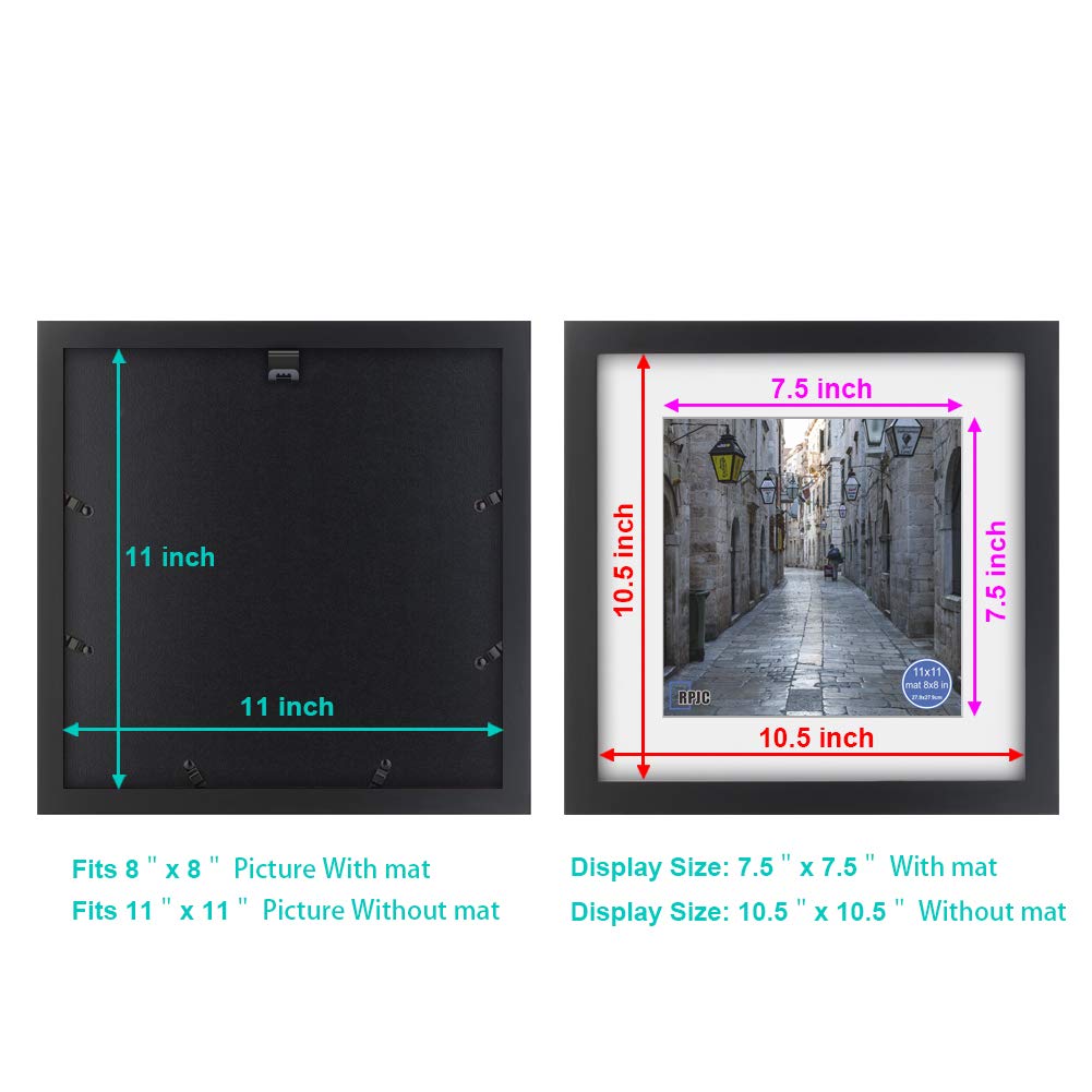 RPJC 11x11 Picture Frame Made of Solid Wood and High Definition Glass Display Pictures 8x8 with Mat or 11x11 Without Mat for Wal