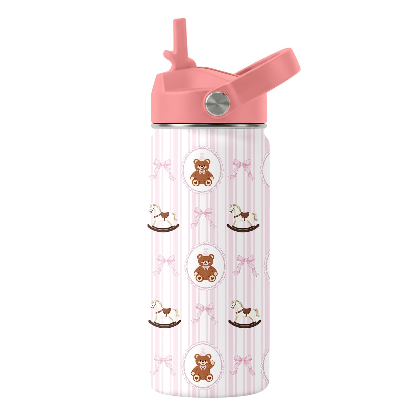 Bear 16oz Water Bottle for Daughter, Teddy Bear Insulated Stainless Steel Tumbler with Straw Lid and Handle for Women, Christmas