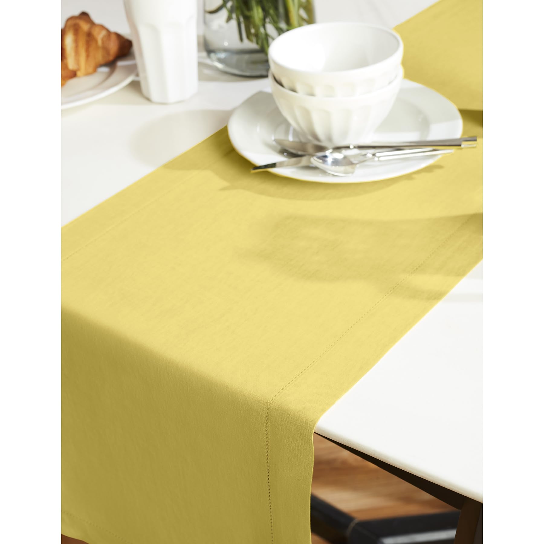 Solino Home Linen Yellow Table Runner 120 Inches Long - Sonoma Hemstitch 100% Pure Linen Prewashed Dining Table Runner 14 X 120