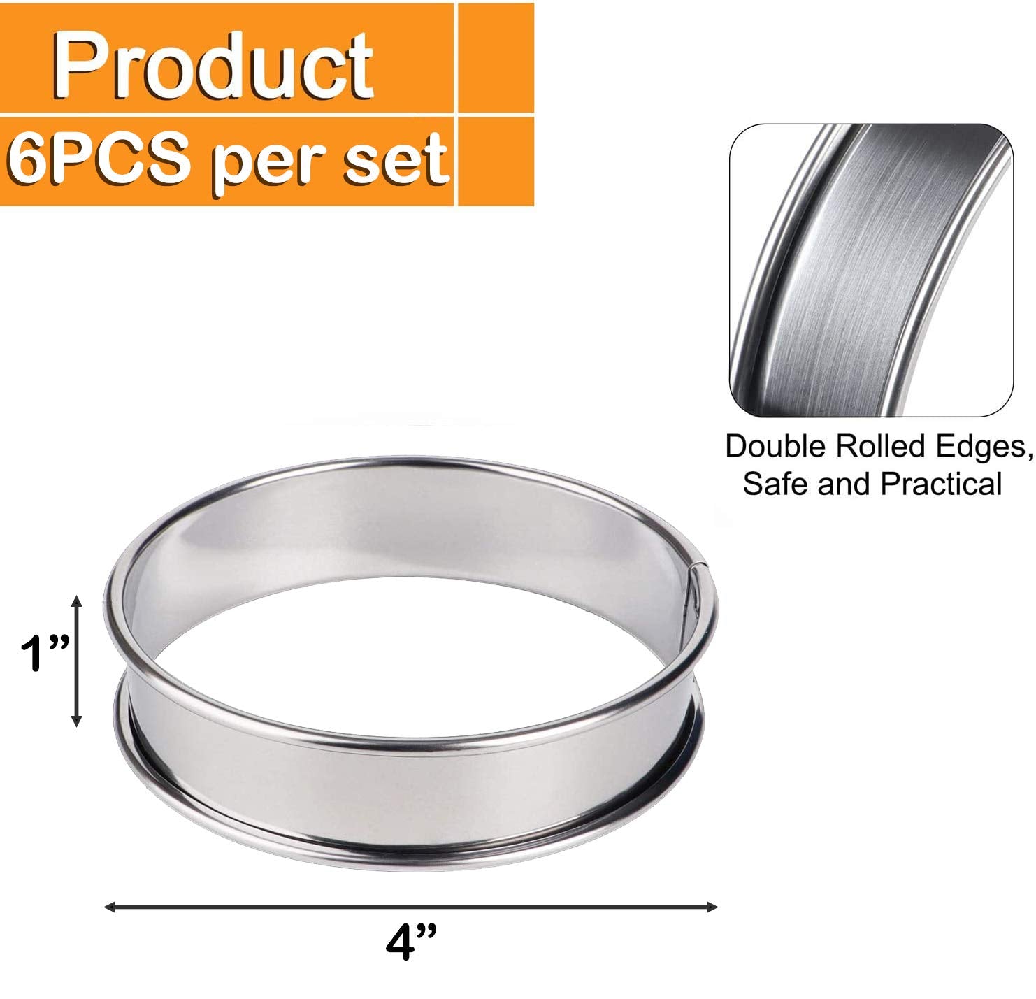 Uncle Jack 6 Pack 4' Double Rolled English Muffin Rings, Stainless Steel Crumpet Rings, Tart Rings, Round