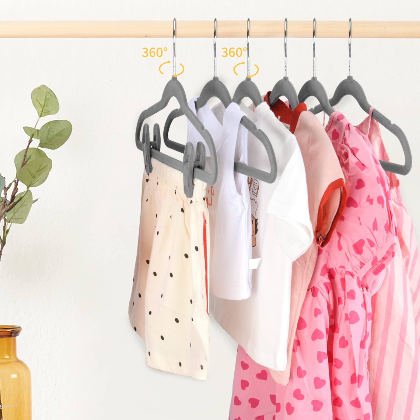 Tinfol 60 Pack Toddler Velvet Hangers, Gray Non-Slip Kids Hangers, Space Saving Felt Baby Hangers With 8 Velvet Hanger Clips And
