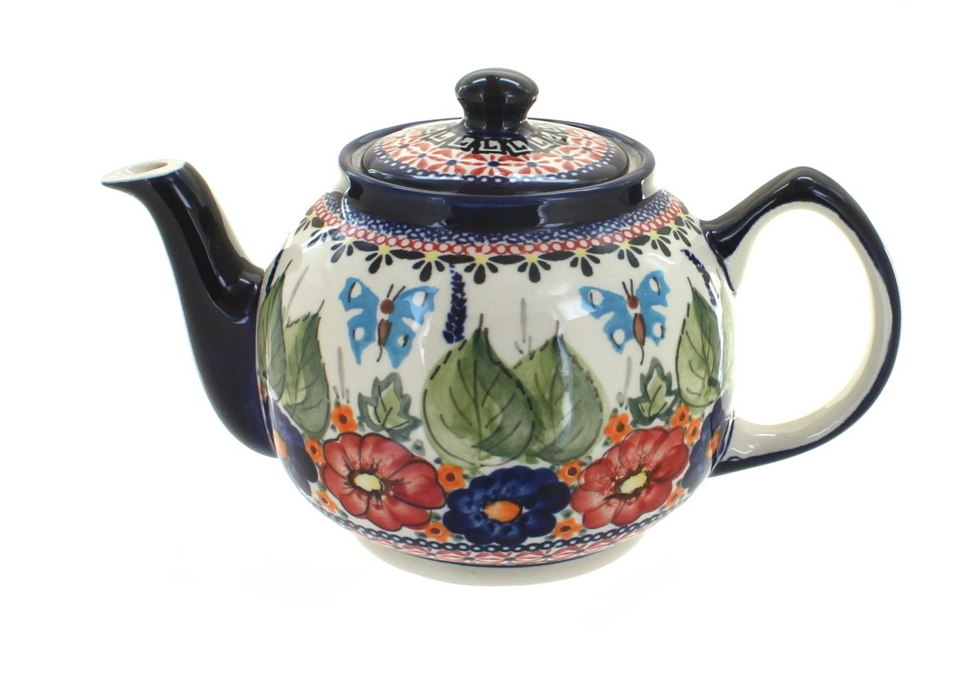 Blue Rose Polish Pottery Floral Butterfly Medium Teapot
