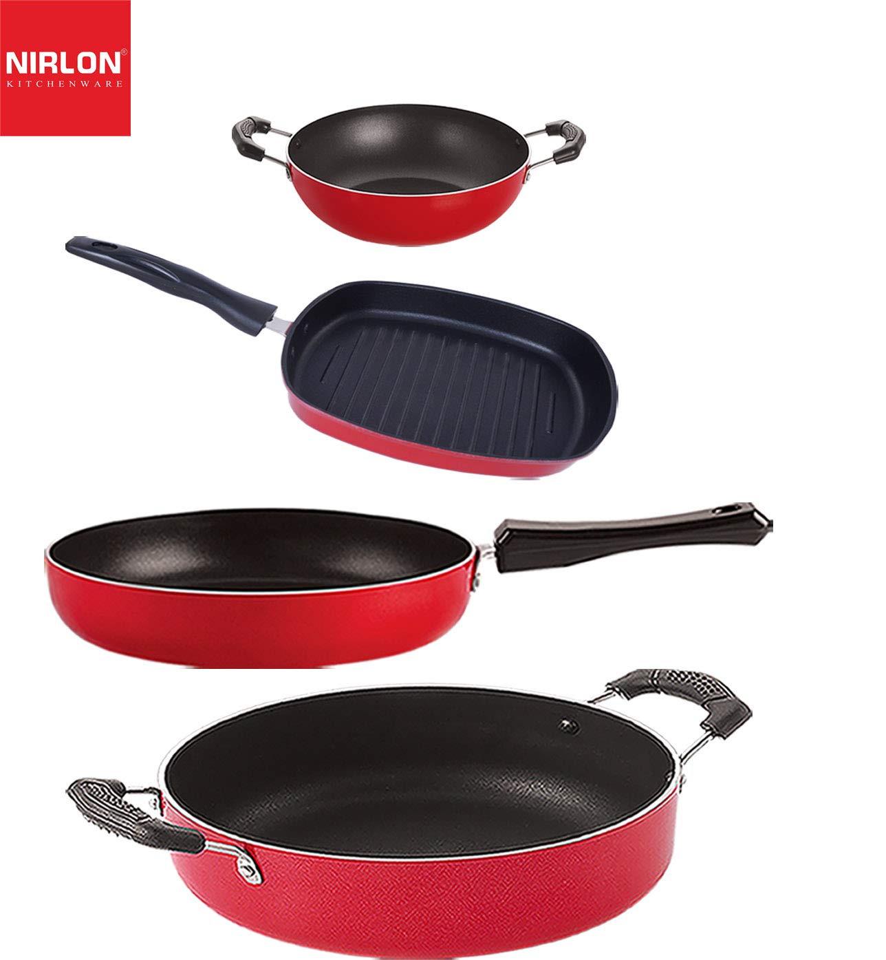 Nirlon Non Stick Cookware Pots & Pan Combo Set Of 4 Pieces With Bakelite Handle (Fp12_Kd10_Gp22.5_Cs24)