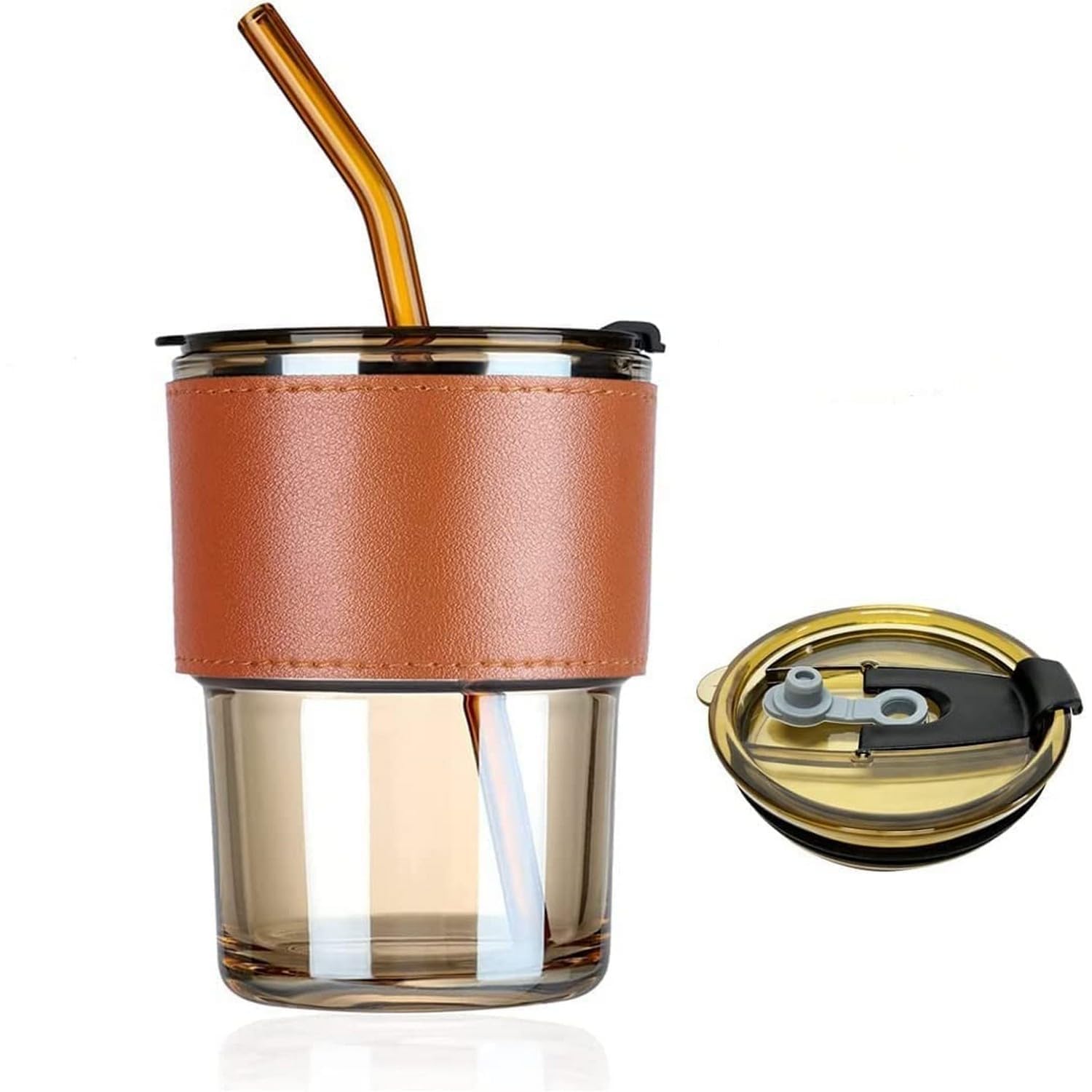 HAMERA ENTERPRISES Glass Drinking Cup with Lid and Straw, Reusable Beverage Tumbler with Sleeve 400ML(Set of 1)