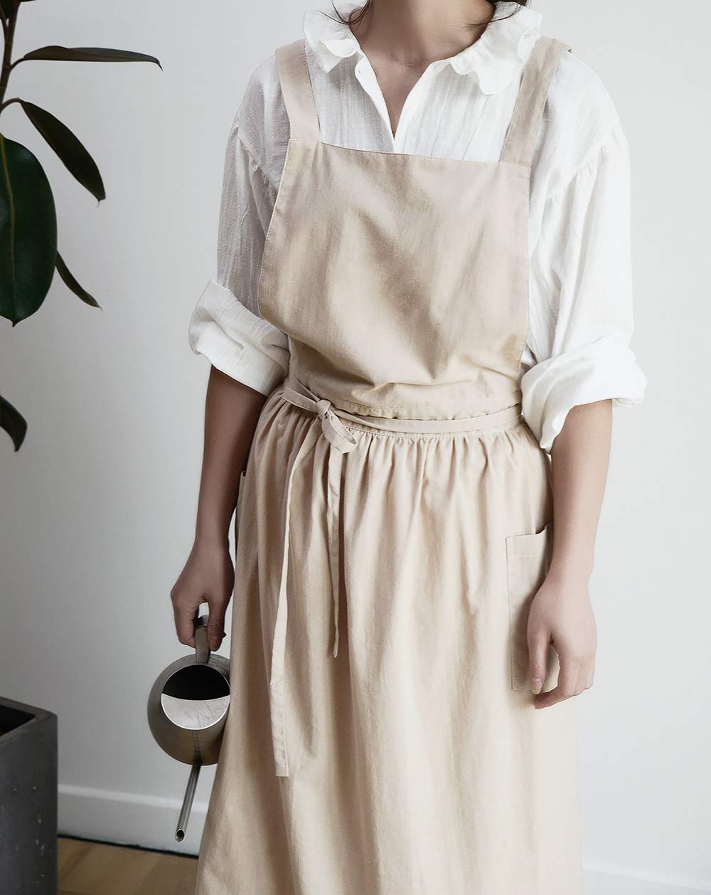 Losofar Cotton Pleated Apron Retro Waterdrop Proof Garden Cleaning Pinafore Dress (Wheat, 103Cmx86Cm)
