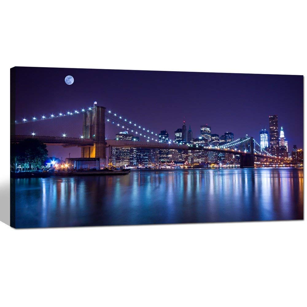Sechars - Brooklyn Bridge Canvas Wall Art Large Size 24''X48'' Modern New York City Canvas Print Manhattan Skyline With Full Moo