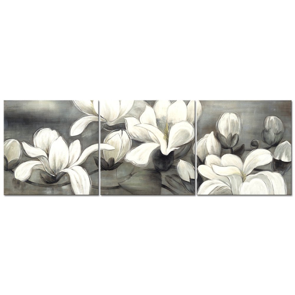 Wieco Art Magnolia Flowers Canvas Prints Wall Art 3 Pcs White And Grey Floral Pictures Paintings Ready To Hang For Living Room B