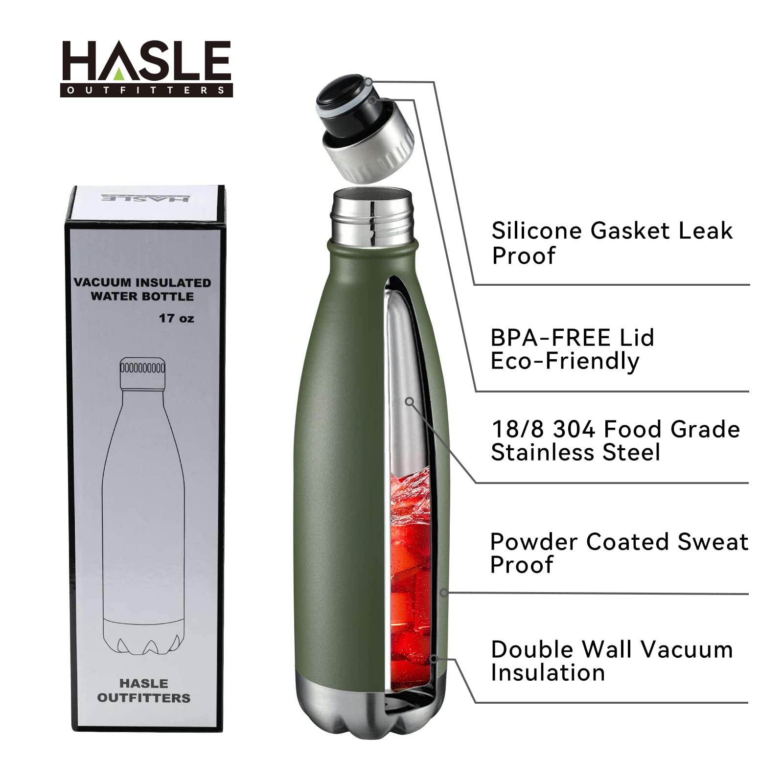 Hasle Outfitters 17Oz Stainless Steel Water Bottles, Vacuum Insulated Water Bottles Double Walled Powder Coated Reusable Metal S