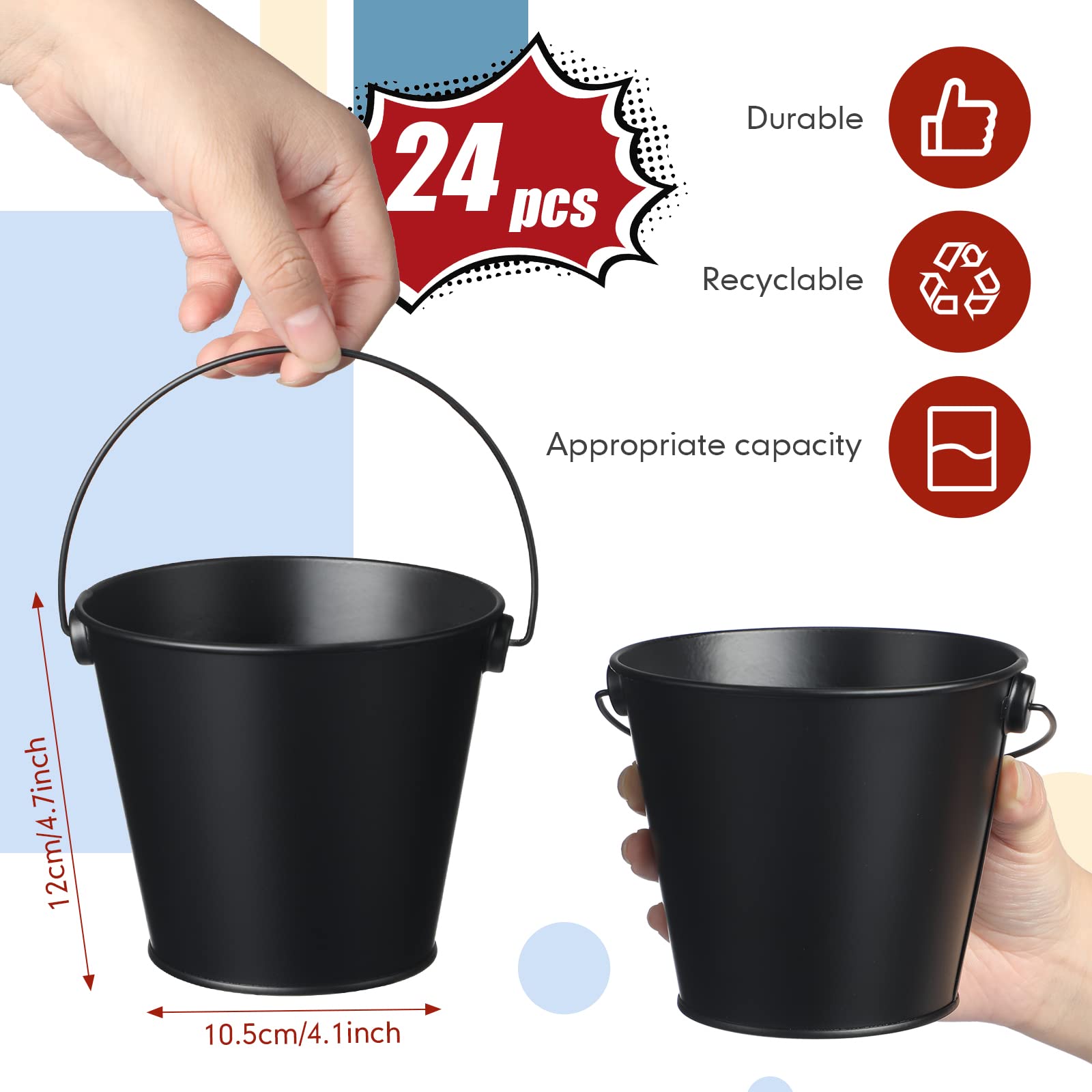 24 Packs Metal Buckets With Handle 4.1 X 4.7 Inch Small Iron Pail, Black Bucket Bulk Small Bucket Mini Toy Container Flower Pot