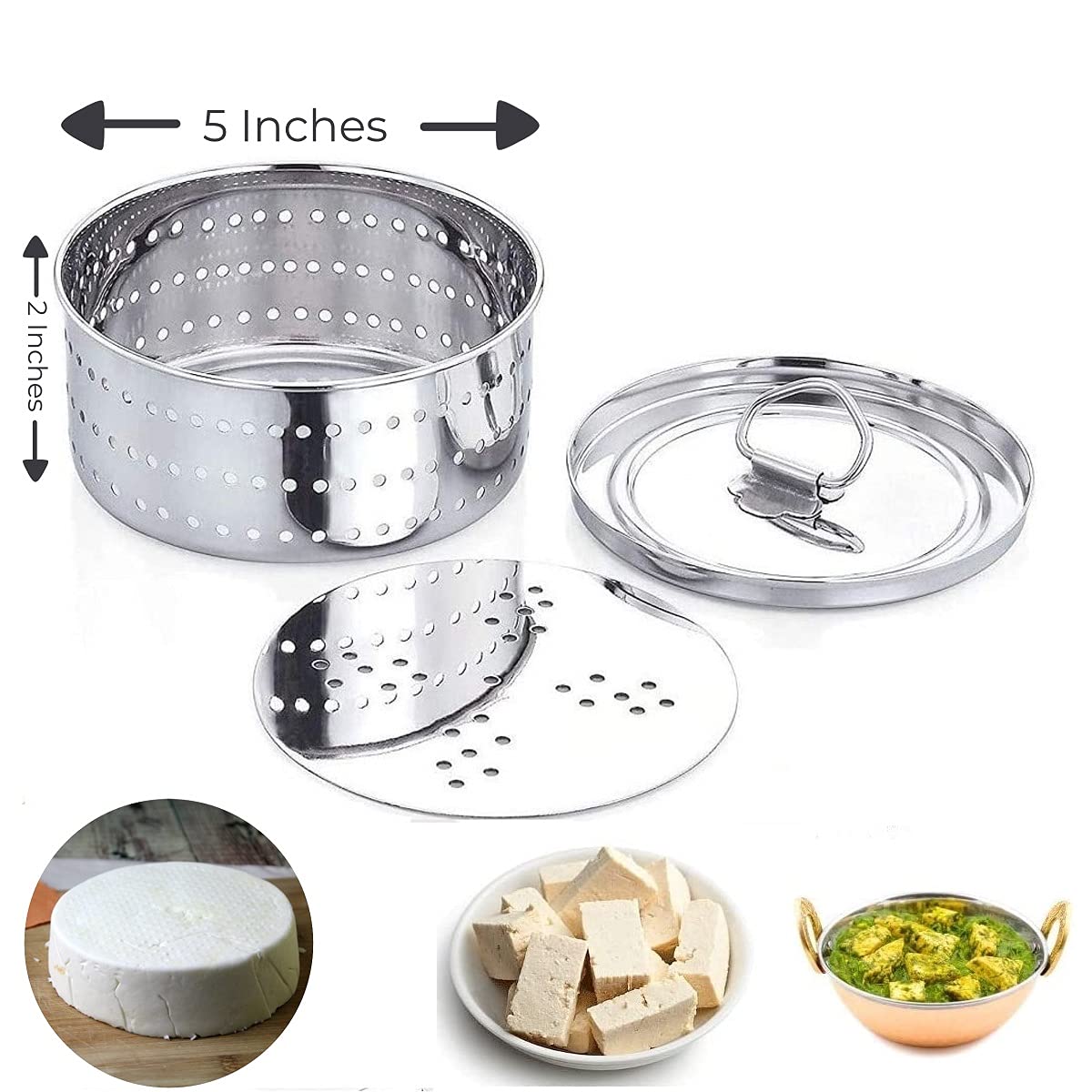 Dubbas - Paneer Maker, Easy To Use 5'' Diameter X 2'' Height (2.5 Cups / 625Ml) Stainless Steel Indian Paneer Press Mould