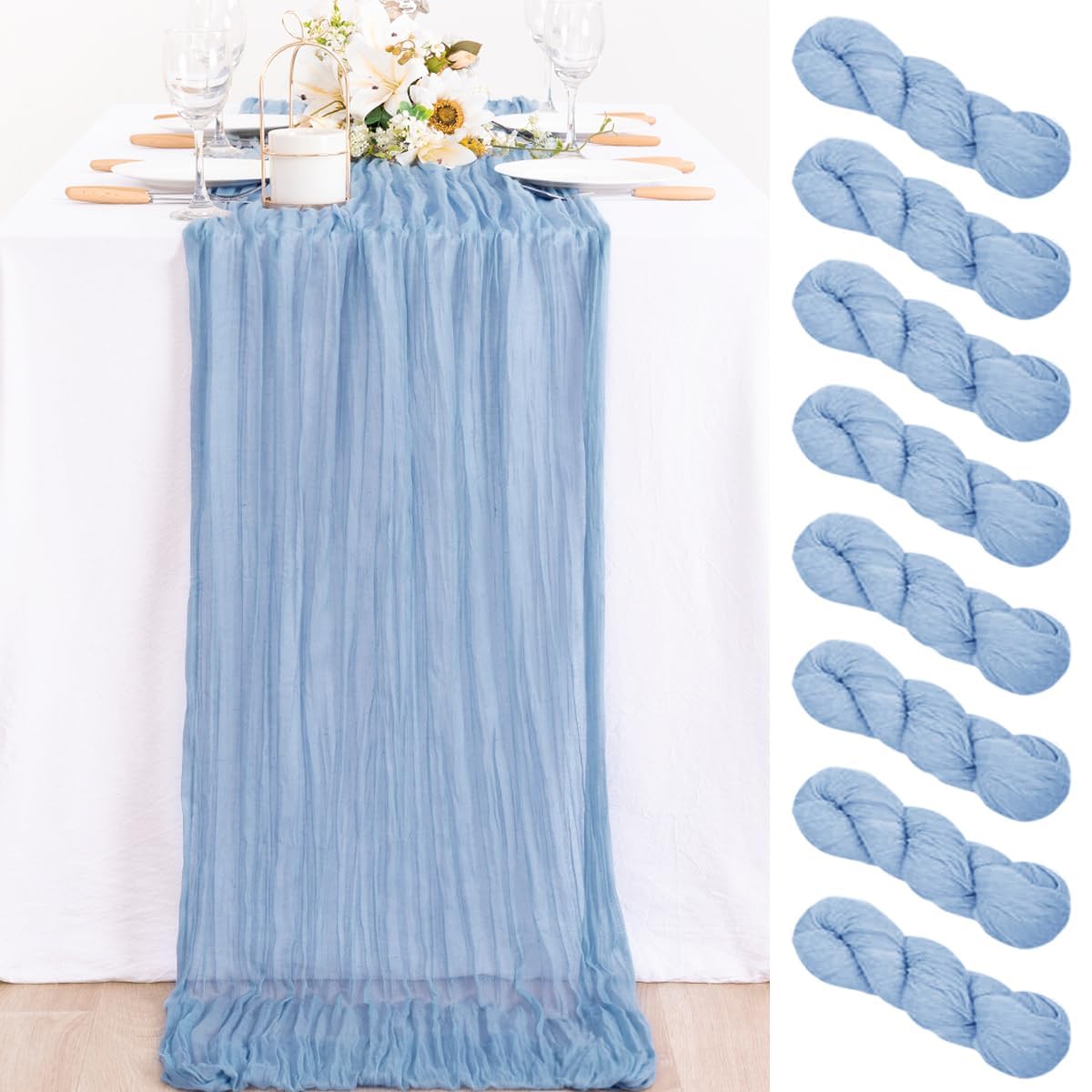 MLMC 8 Pack Dusty Blue Table Runner 10ft Boho Gauze Cheesecloth Table Runner 35x120 Inches Rustic Cheese Cloth Centerpiece for W