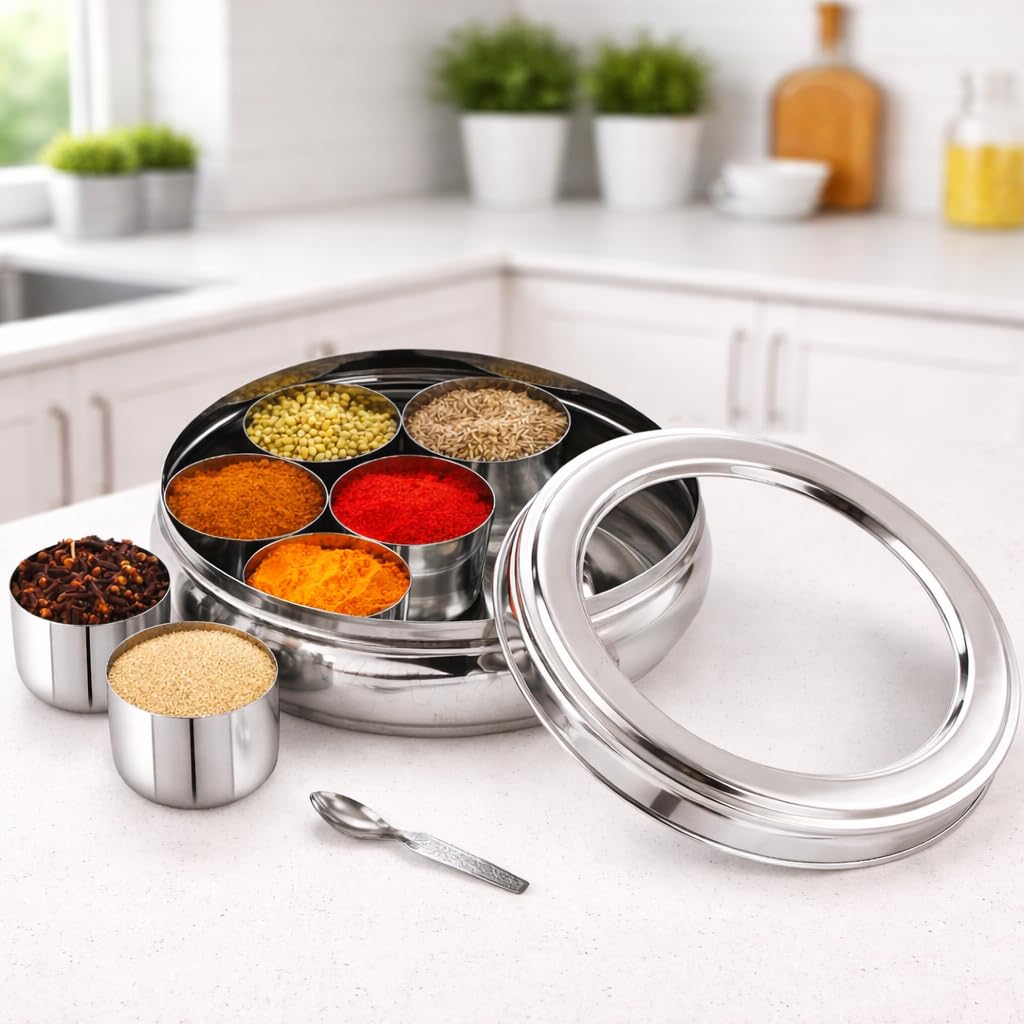 Daraz Stainless Steel Classic Shape Masala Container | Spice Box | Masala Dabba | Organiser With See Through (Glass) Lid With 7 