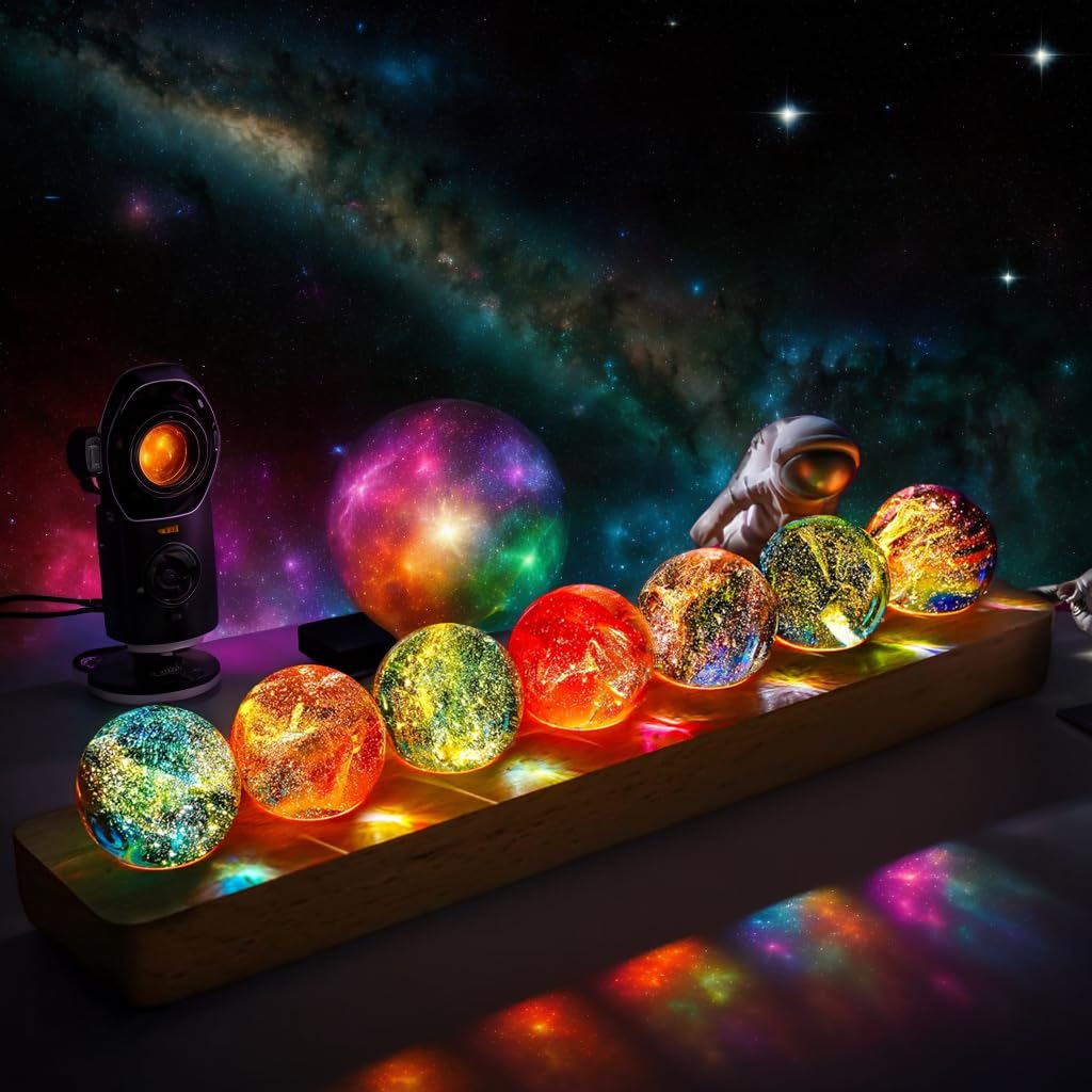 vskikris 40mm Crystal Quartz Stones 7 Chakra Natural Healing Spheres with LED Wooden Stand for Meditation Positive Energy Night 