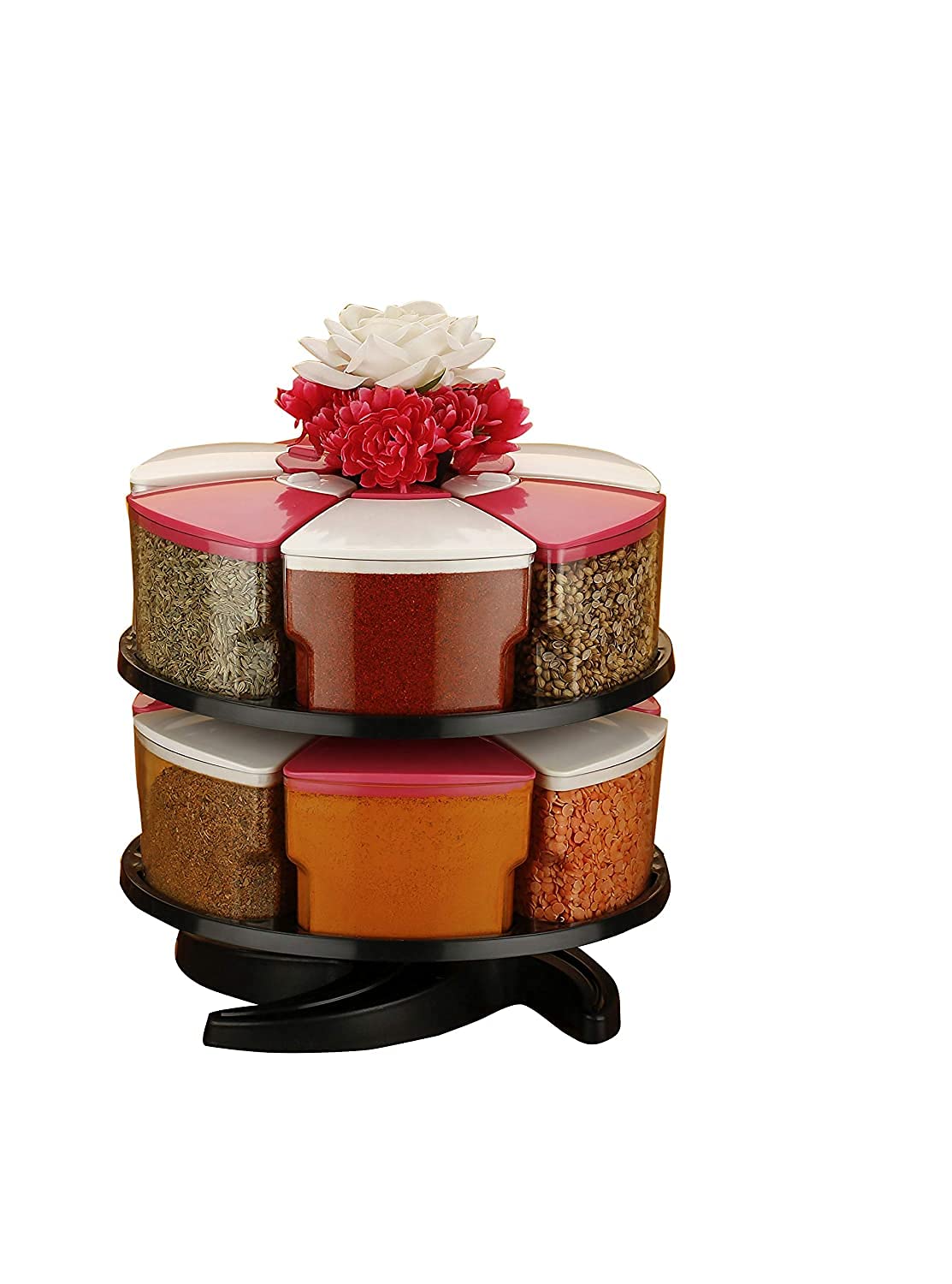 Pramukh Fashion 360 Degree Revolving Round Shape Transparent Pack Of Jar Spice Rack/Container (3 Layer Spice Rack(12 Bottle), Pi