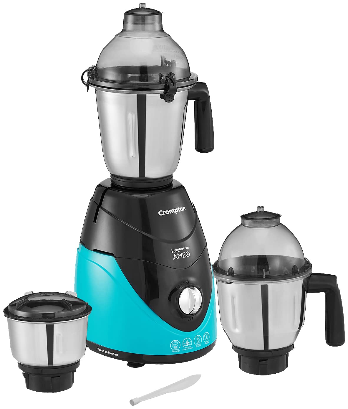 Crompton Ameo 750Watt Mixer Grinder With Maxigrind And Motor VentX Technology (3 Stainless Steel Jars, Black & Green)