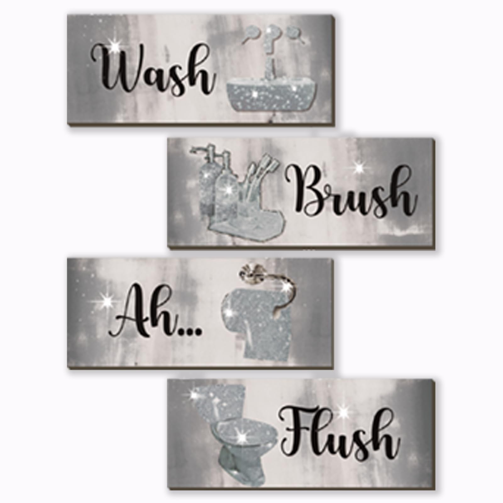 FENCORDAR 4 Pcs Silver Bathroom Decor Abstract Grey Black White Wall Decor Wooden Silver Bathroom Accessories Modern Funny Glitt