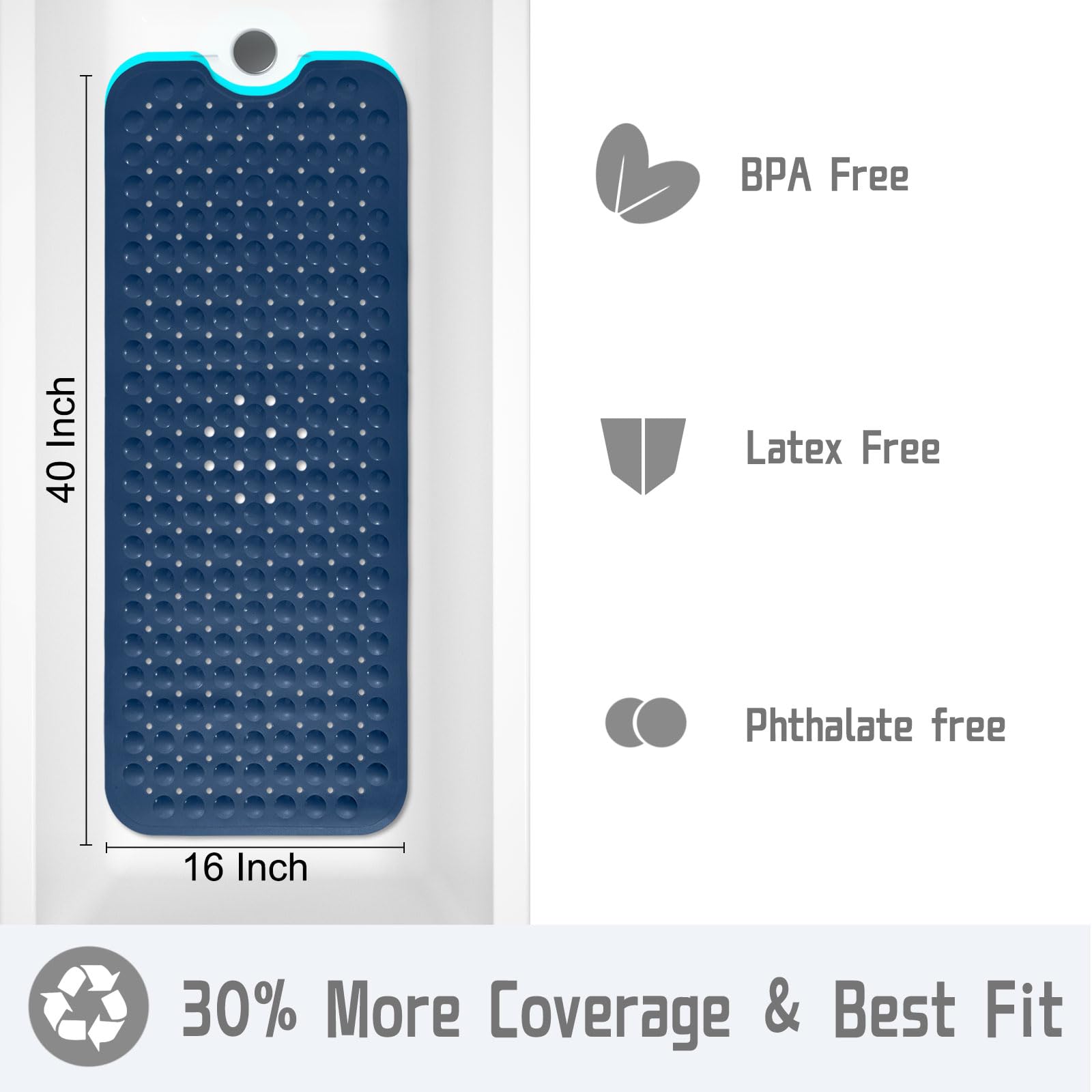 Yimobra Original Bath Tub Shower Mat Extra Long 16 x 40 Inches  Non Slip Bathtub Mat with Drain Holes  Suction Cups  Machine Washable  Navy Blue