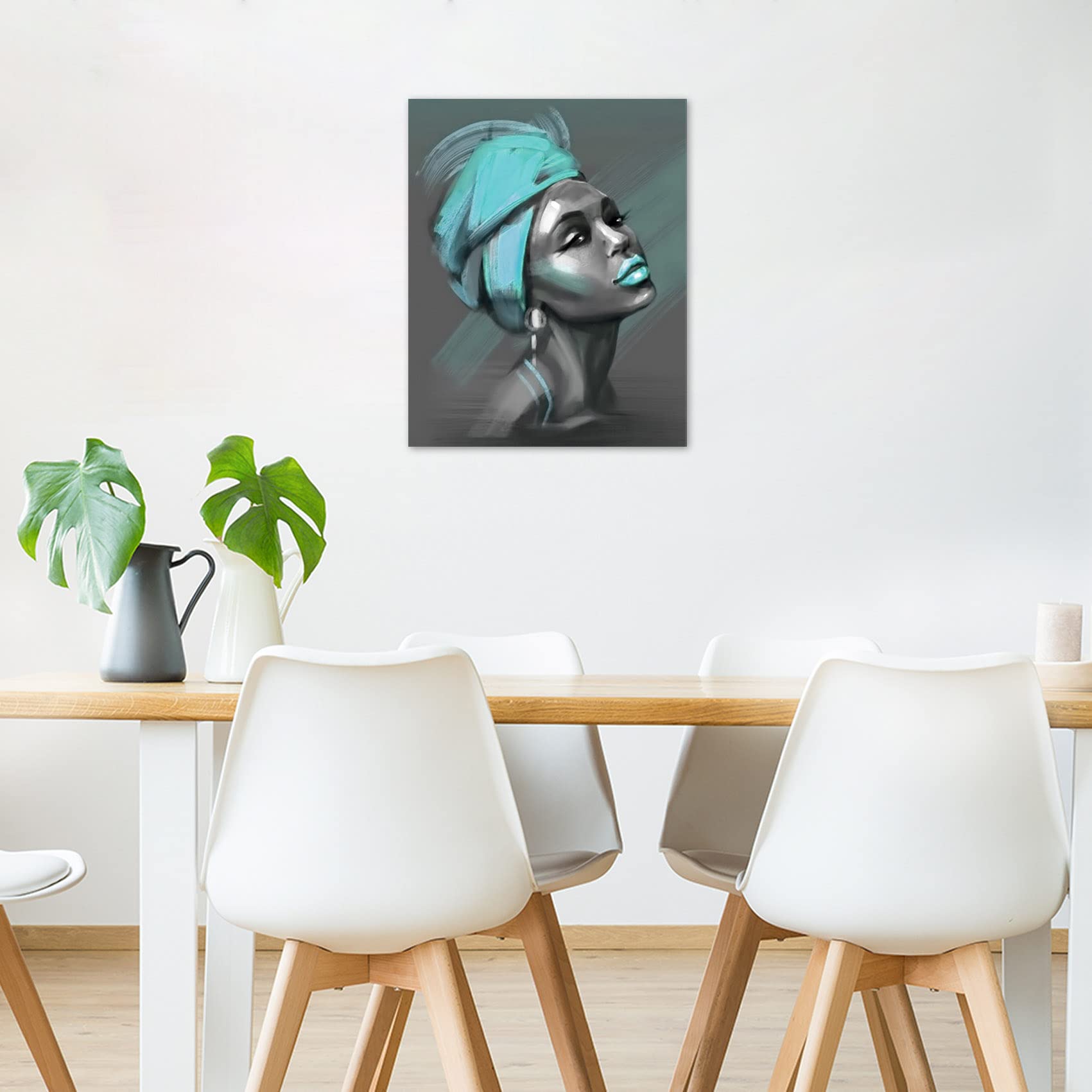 LB African American Women Canvas Wall Art  Beauty Black Woman Teal Hair Canvas Art  Abstract Minimalist Painting Wall Decor for Living Room Bedroom Bathroom Home Decor Ready to Hanging 12x16 Inch