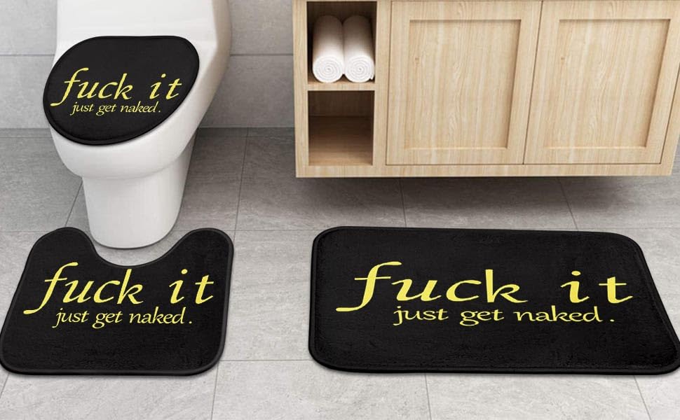 Artsocket 4Pc Black Funny Get Naked Shower Curtain Sets Bathroom Decor With Rugs, Non-Slip Rug,Toilet Lid Cover, Bath Mat And 12