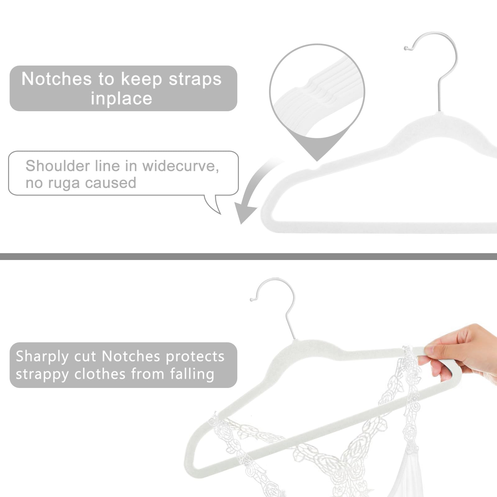 Mizgi Premium All White Kids Velvet Hangers With White Hooks 50 Pack 14'' Inch White Felt Space Saving Hangers,Nonslip Huggable