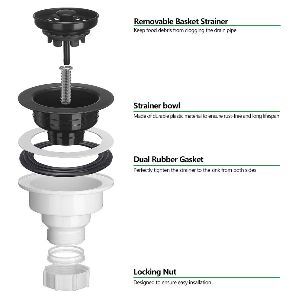 Serene Valley 3-12 Inch Kitchen Sink Strainer Assembly With Stopper For Matching Color Of Granite Or Fireclay Sinks (Black)