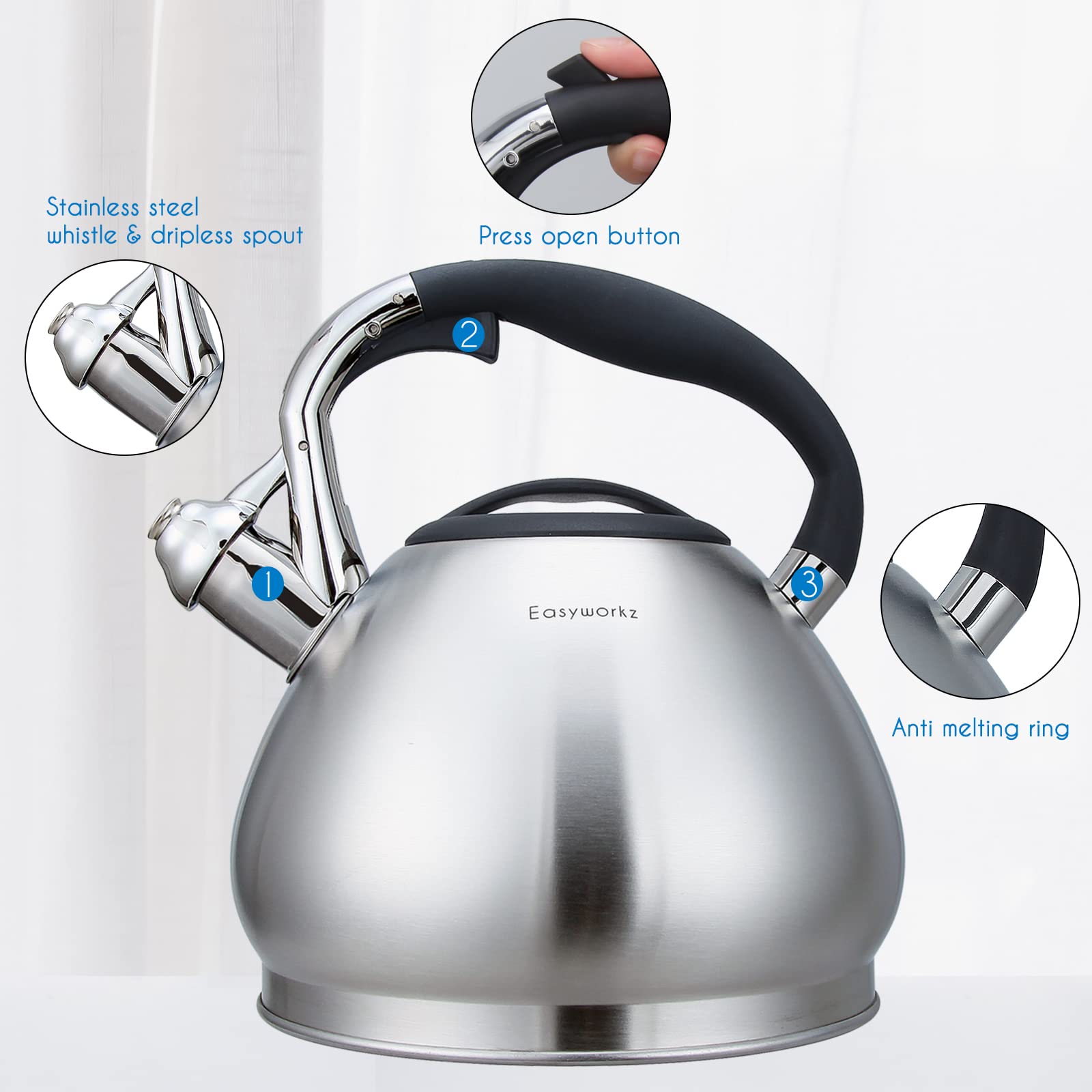 Easyworkz Whistling Stovetop Tea Kettle Food Grade Stainless Steel Hot Water Tea Pot With Loud Whistle  2.4 Quart(2.3l)
