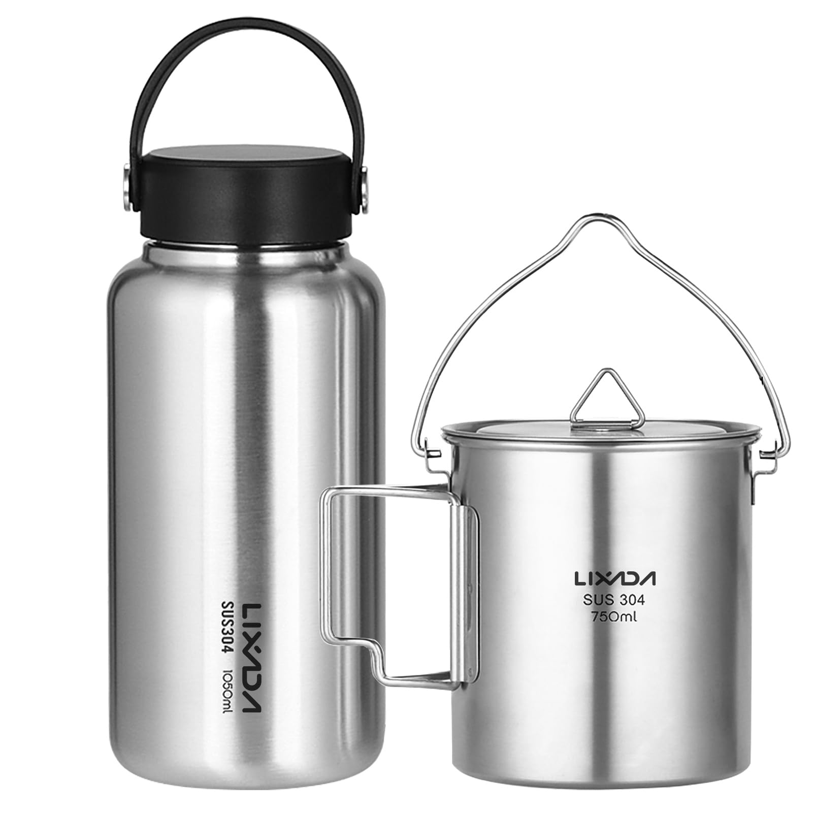 HUIOP 1050ml Stainless Steel Water Bottle Leak Proof Sports Bottle with 750ml Hanging Pot for Outdoor Camping Hiking,Sport Bottl
