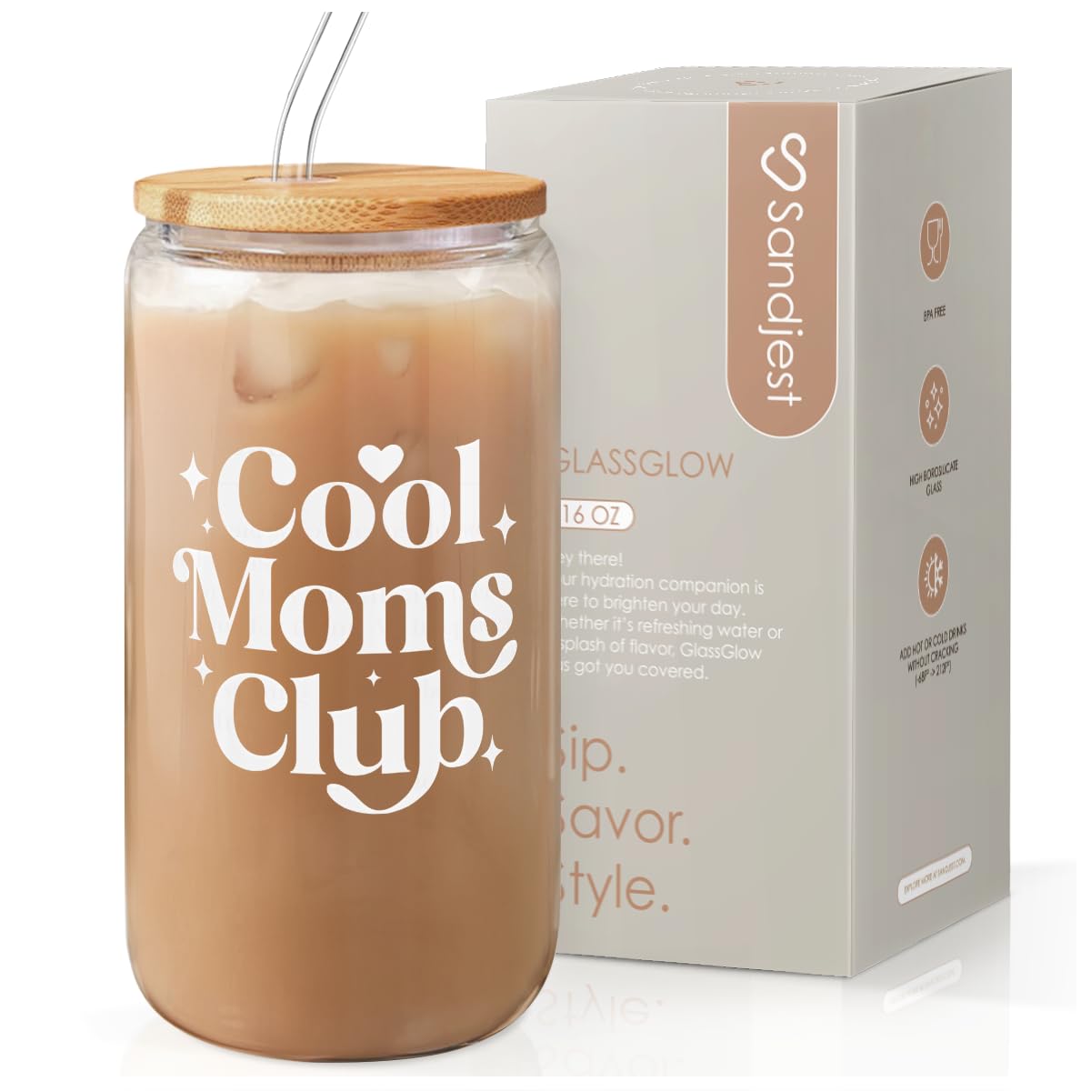 SANDJEST Mom Glass Can, Cool Mom Club Cup with Lid & Straw, Iced Coffee Aesthetic Cups, Idea Gift for Christmas Birthday Mother 