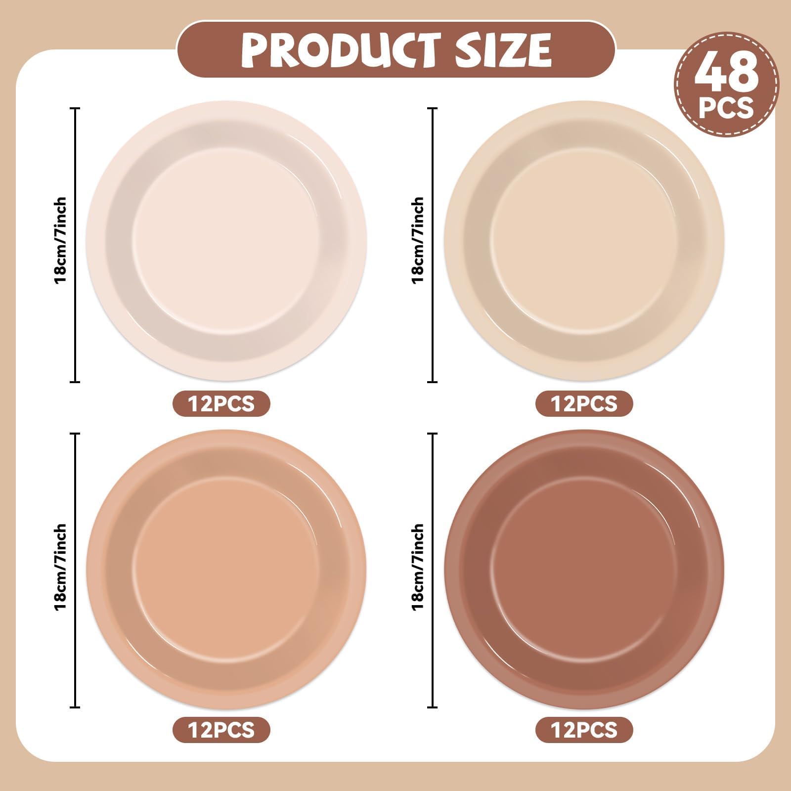 48Pcs Brown Theme Birthday Party Paper Plates For Boho Baby Shower Party Supplies 7'' Brown Gradient Color Round Birthday Party