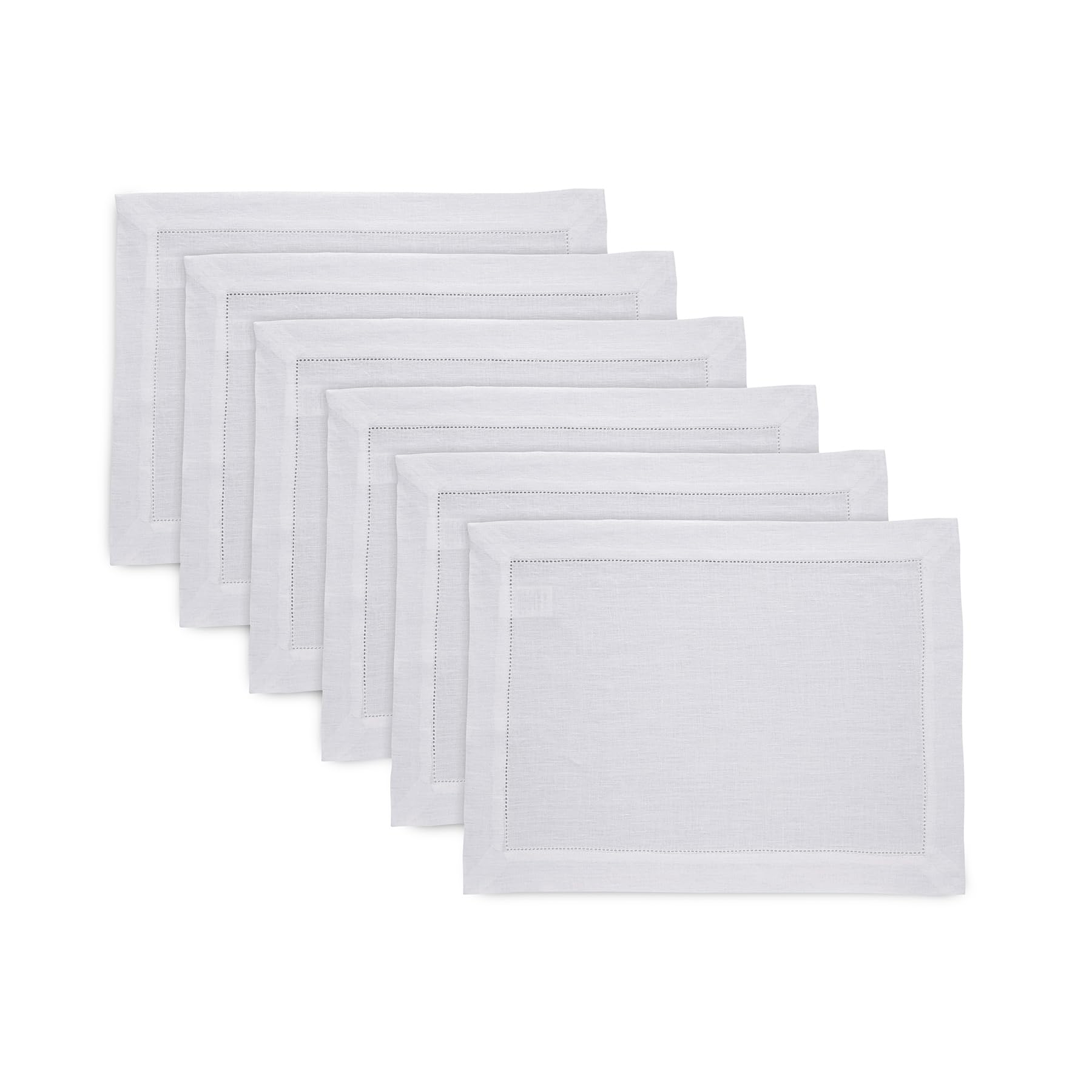 Solino Home Linen Placemats 19'' L X 14'' W Inch - 100% Pure Linen Prewashed White Cloth Placemats Set Of 6 - Sonoma Hemstitch,