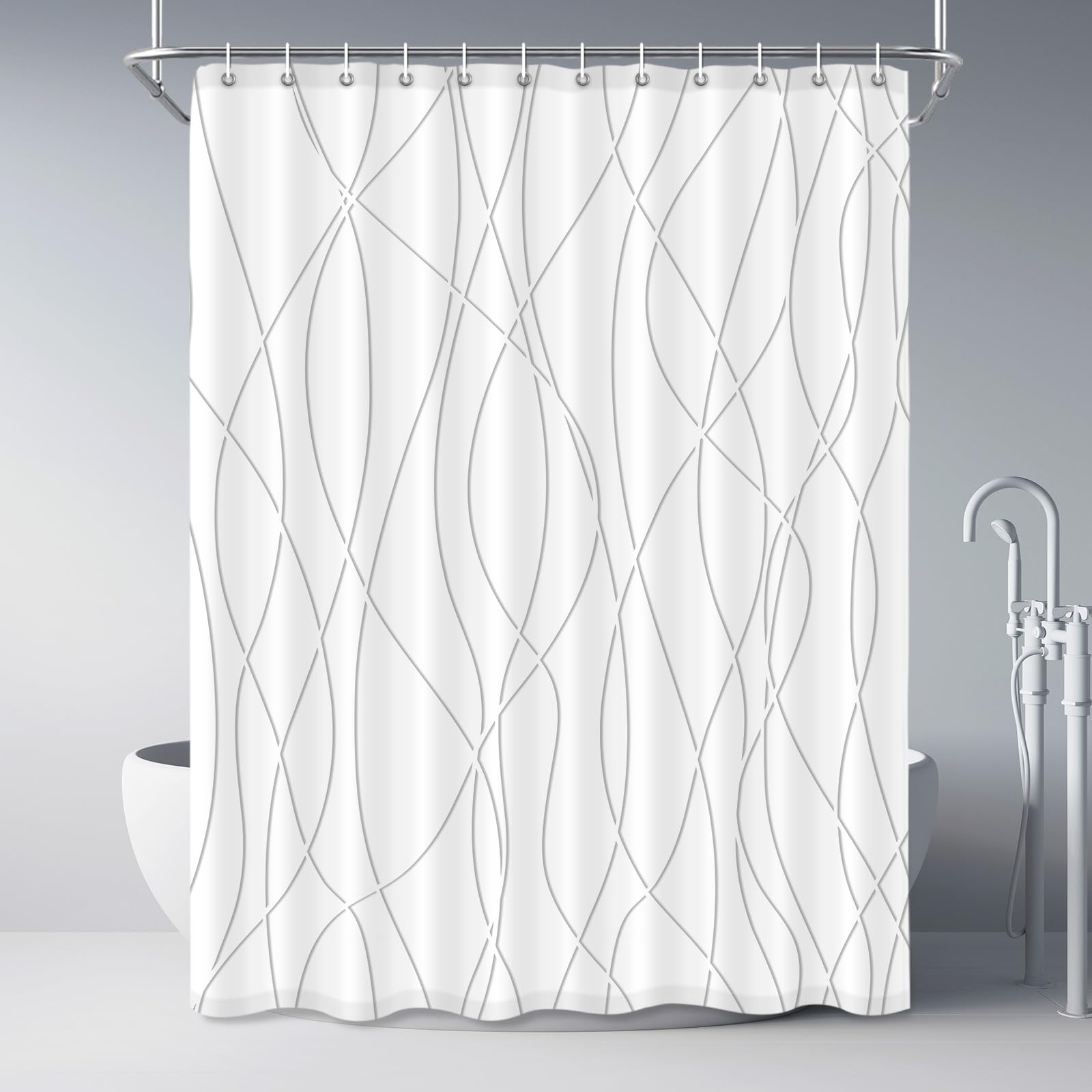Punkray Grey Shadow Shower Curtain for Bathroom with Hooks, Extra Long Shower Curtain Set Stripe Bath Curtains Decor White Showe