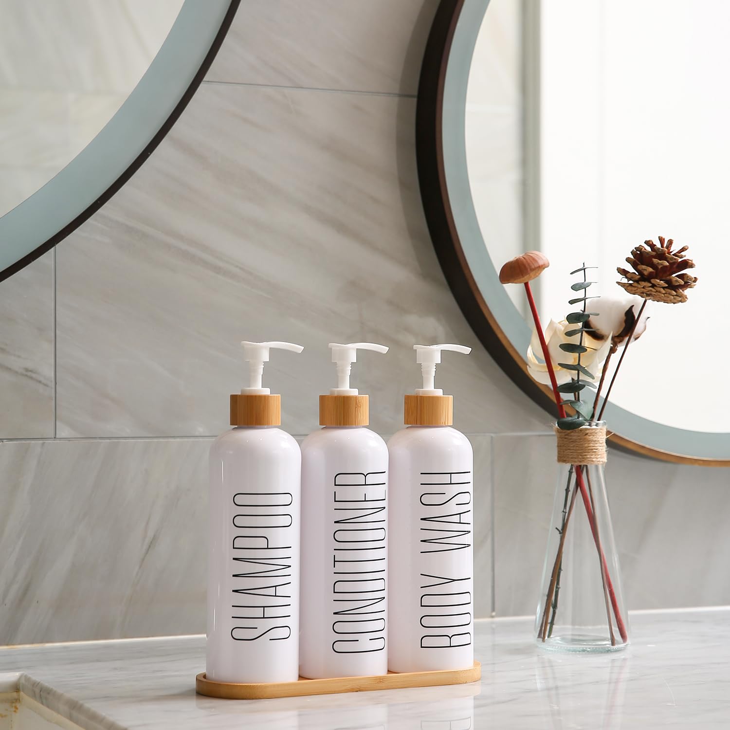 Prus Waso Shampoo And Conditioner Dispenser, Contains Shampoo Conditioner Body Wash Dispenser. Shower Soap Dispenser With Bamboo