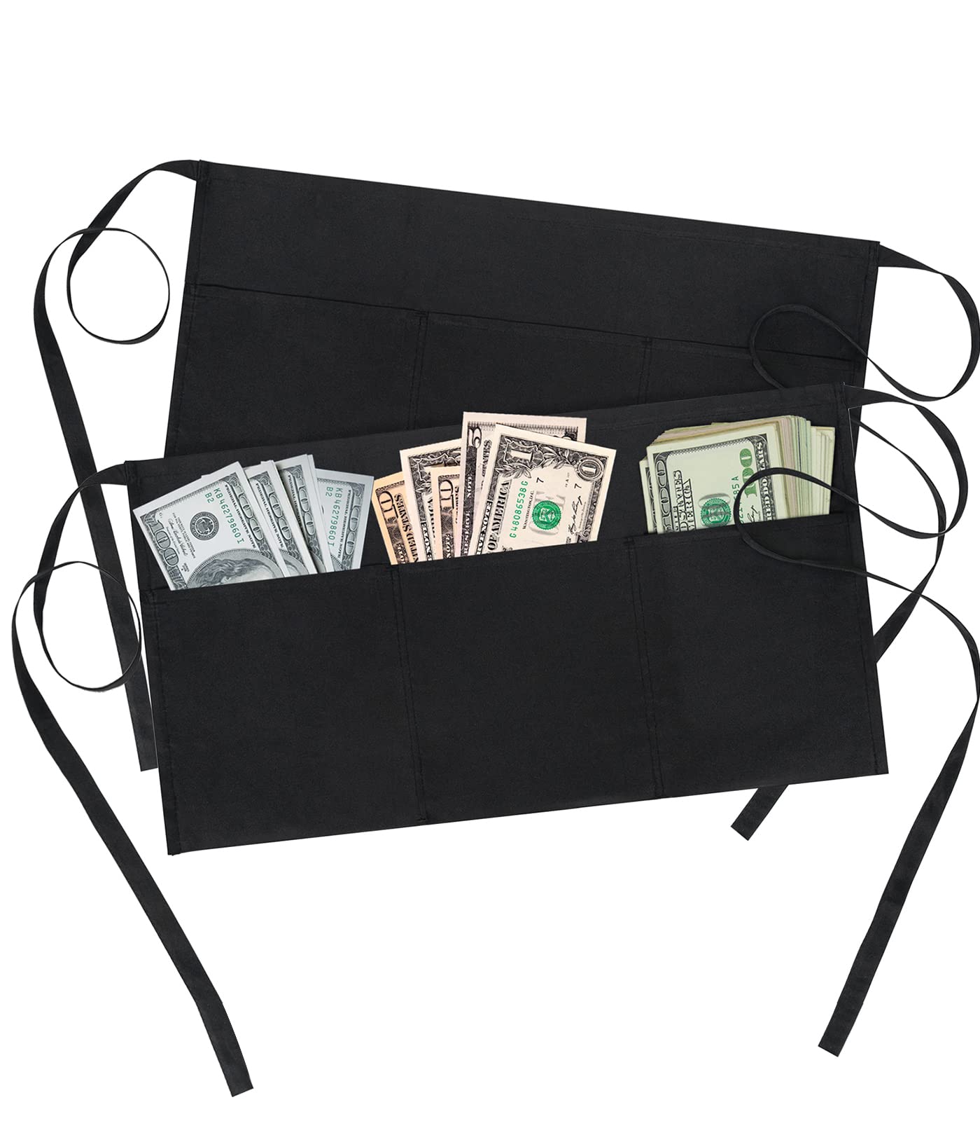 Boharers 2 Pack Waitress Apron With 3 Pockets - Black Server Aprons - Waiter Short Half Waist Servers Apron 12-Inch