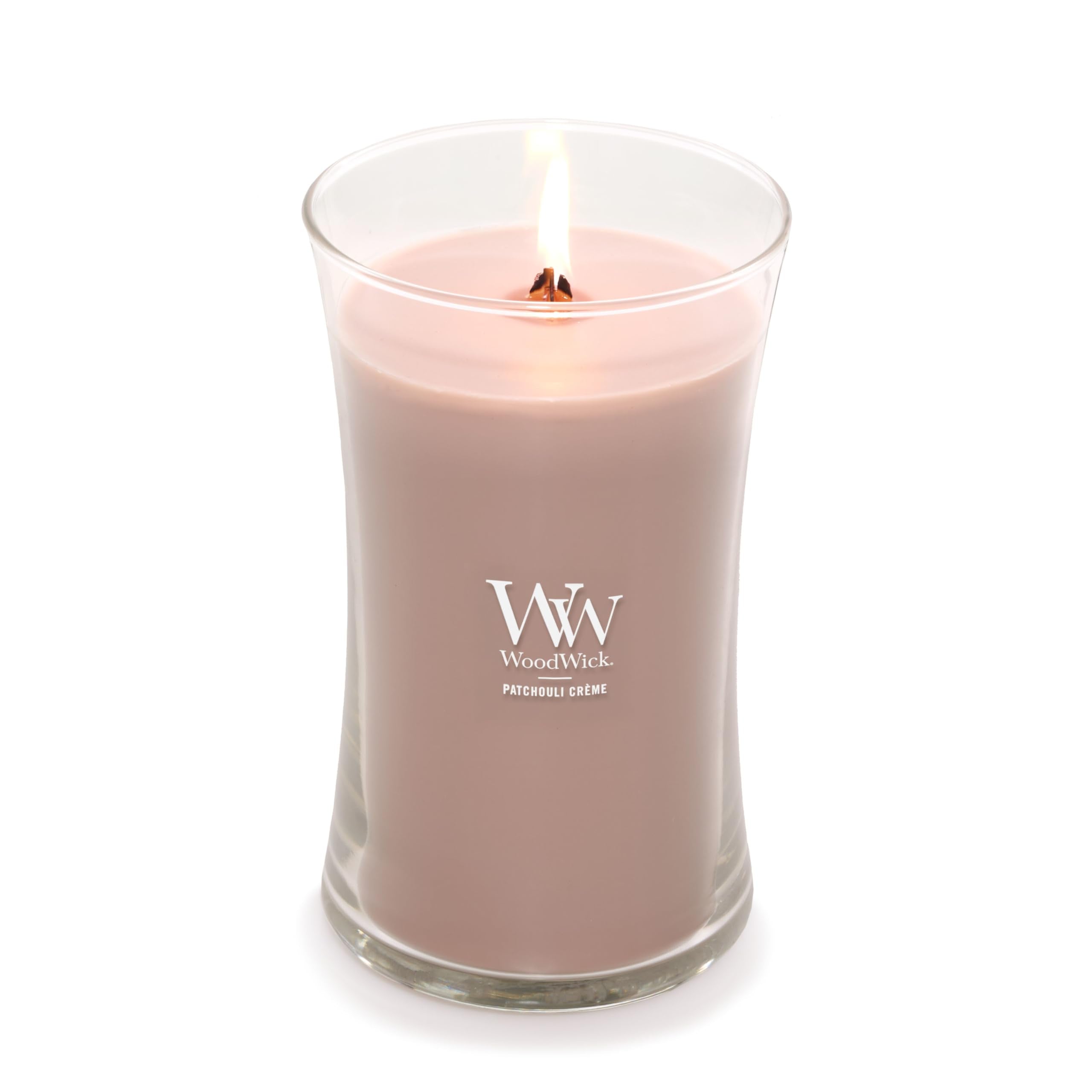 WoodWick Patchouli Crme Gifts for Women and Men, 21.5 oz Large Hourglass Candle with Crackling Wick