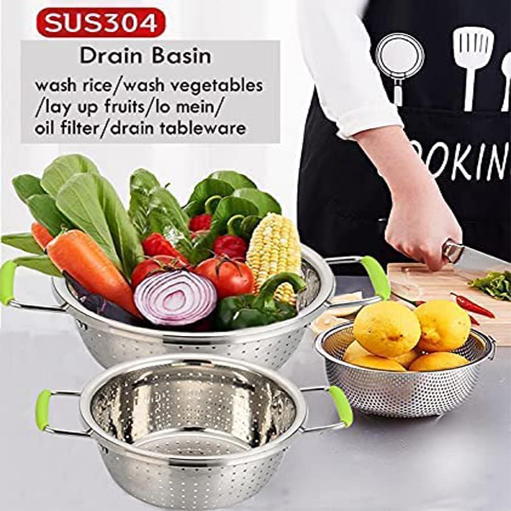 Stainless Steel Deep Colander Micro-Perforated 2.5 Quart Metal Food Strainer With Green Silicone Handles For Draining Pasta Clea