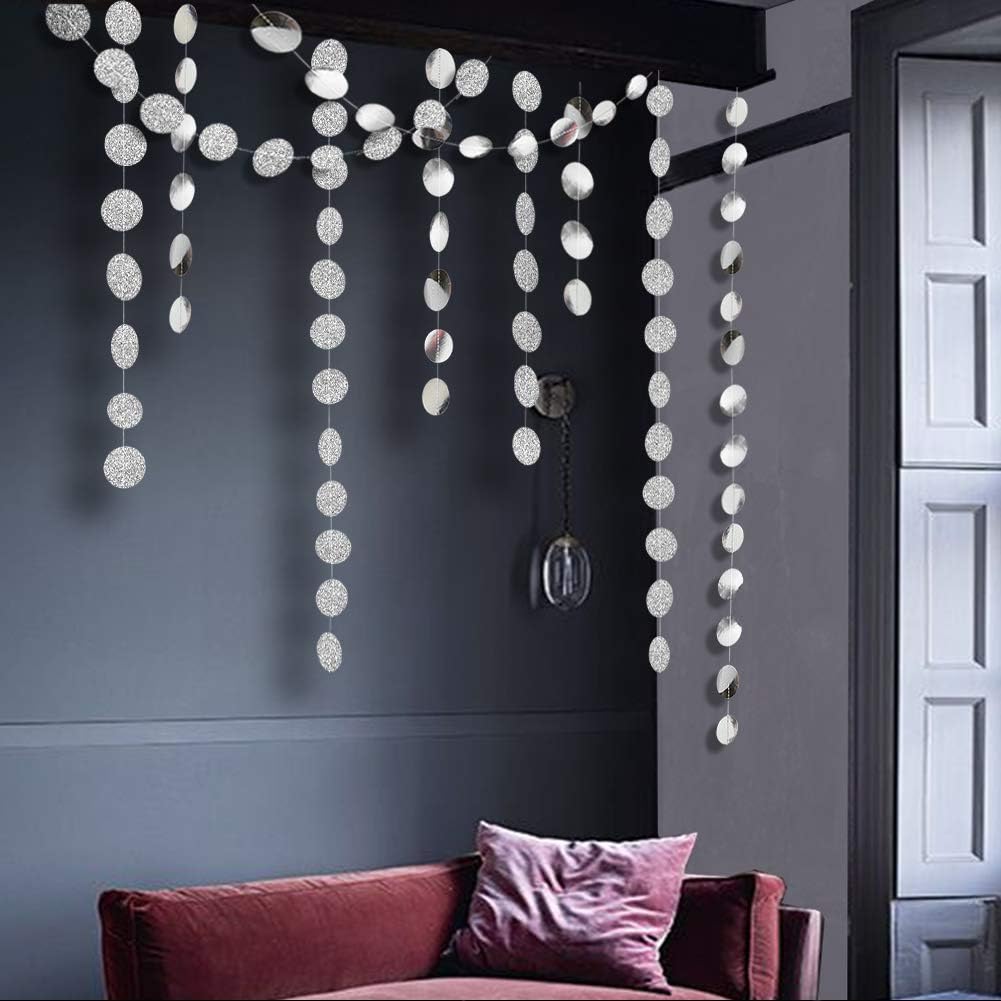 Cheerland Glitter Silver Circle Dot Garlands Party Decorations Hanging Circle Banner Streamer Backdrop Decor Wedding Birthday Bday Engagement Bridal Shower Bachelorette Party Supplies