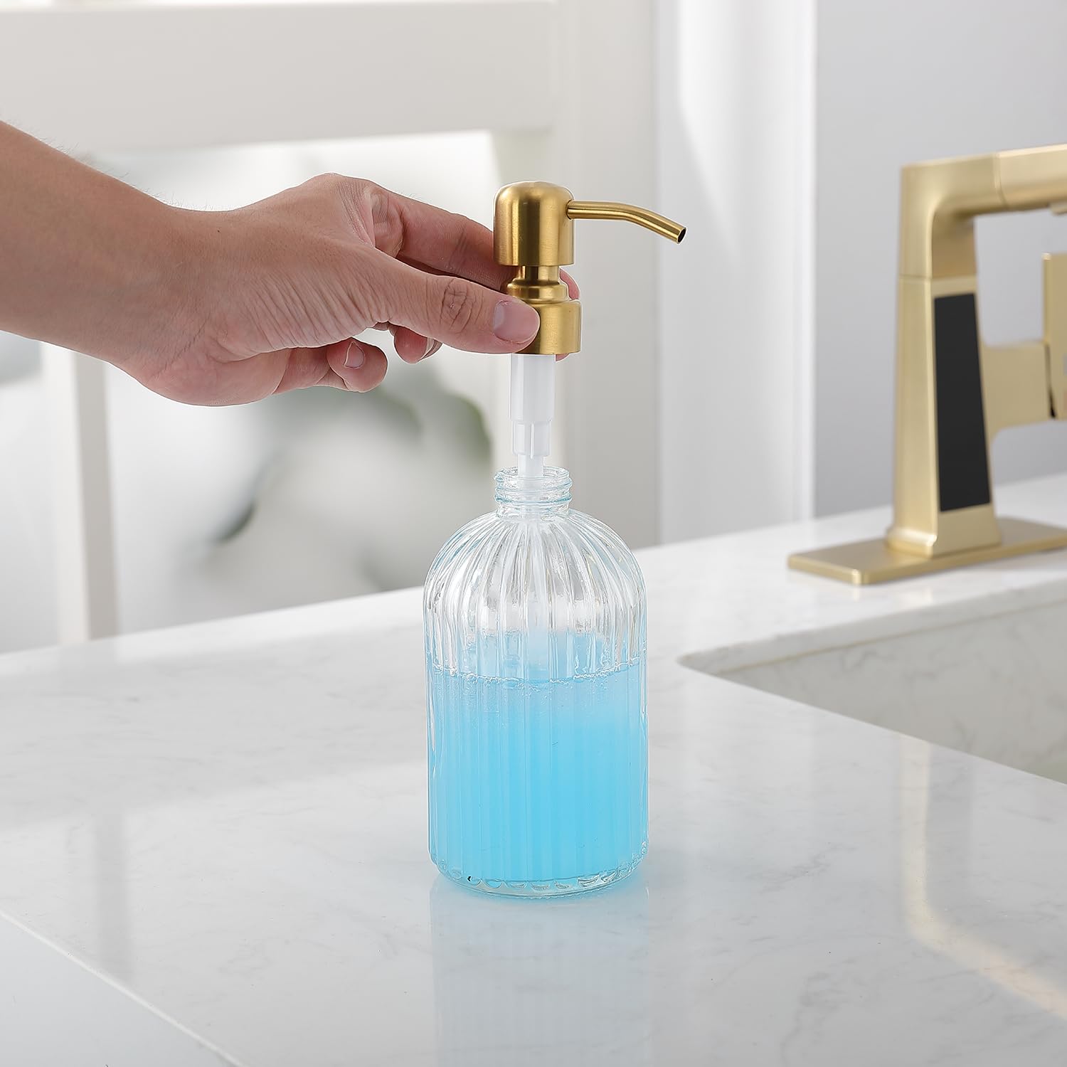Leetcp Gold Glass Soap Dispenser With Rust Proof Metal Pump,16Oz Vintage Soap Dispenser,Clear Glass Dish Soap Dispenser For Bath