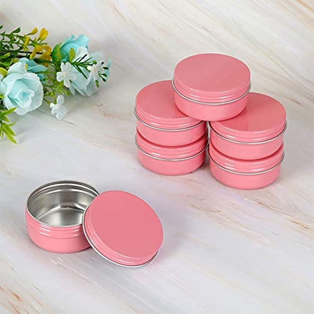 Healthcom 12 Pack 2 Oz Pink Round Aluminum Tin Cans Metal Steel Tins With Screw Top Lids Travel Storage Tins Cosmetic Sample Con