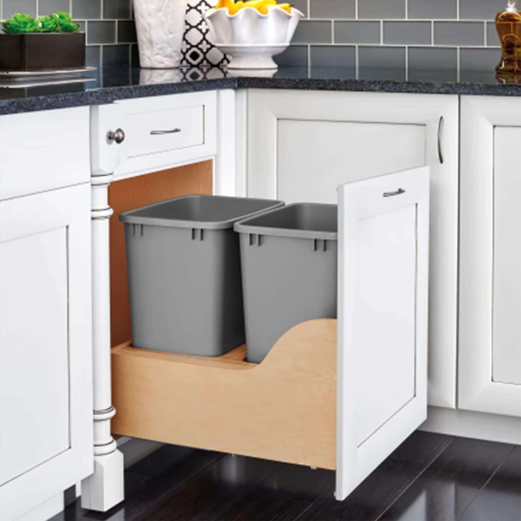 Rev-A-Shelf Pull Out Trash Can For Kitchen Cabinets 35 Qt 8.75 Gal Bottom Mounted, Undermount Soft-Close Slides, Silver, 4Wcsc-2