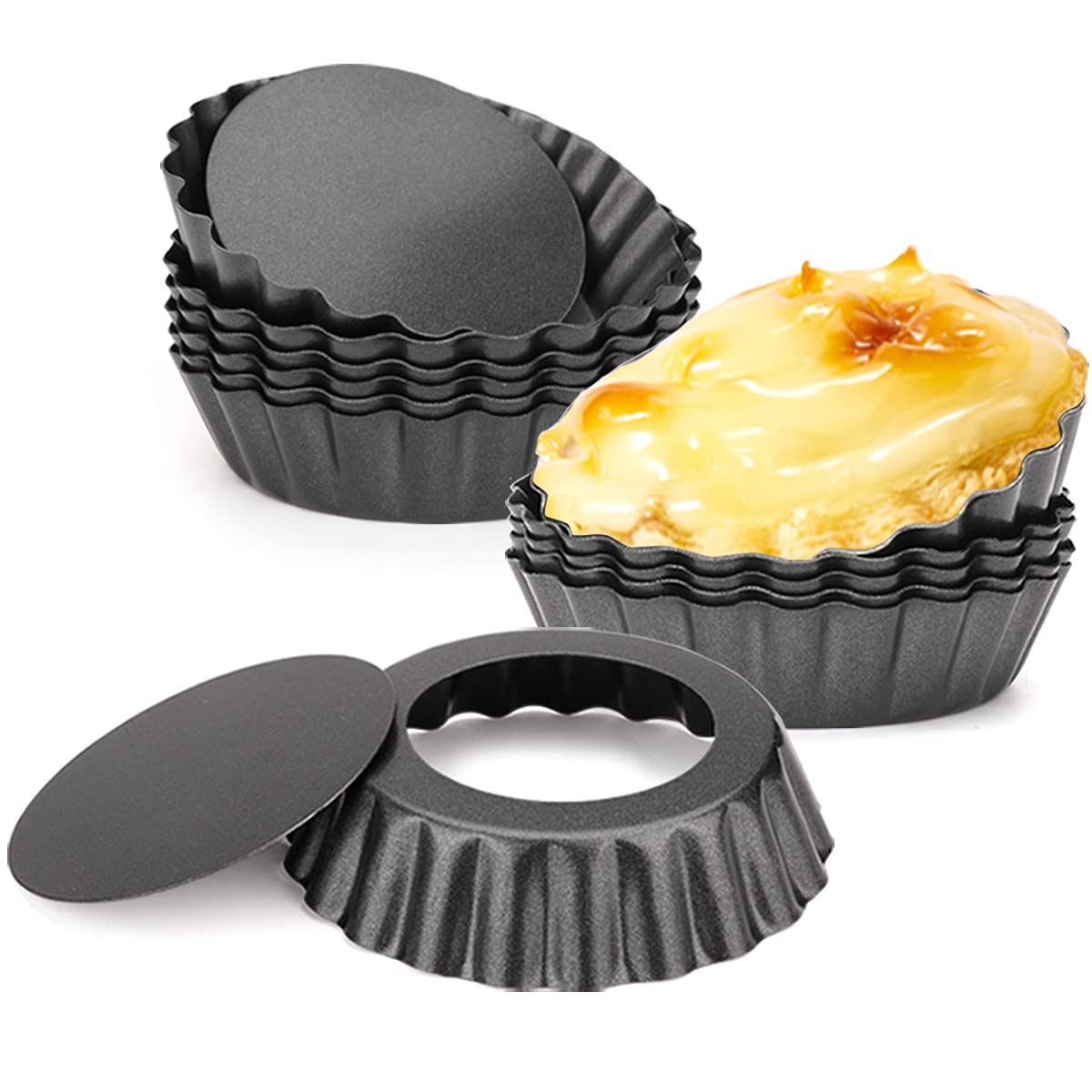 Cyimi 12 Pcs Egg Tart Molds, 3'' Mini Tart Pans Removable Bottom, Cupcake Cake Muffin Mold Tin Pan Baking Tool, Reusable Quiche