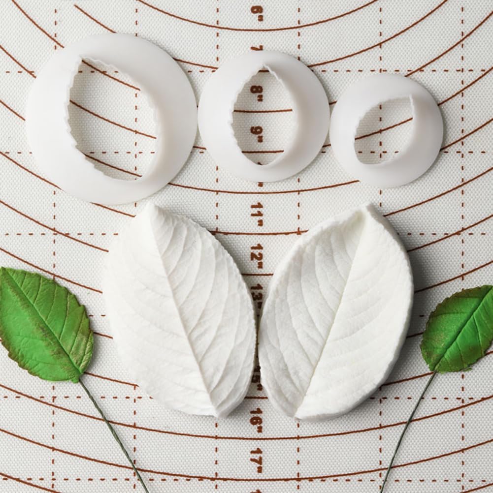 Growtail 6Pcs Rose Leaves Cutter & Veiner Set Fondant Silicone Mold Rose Leaf Gumpaste Clay Mould For Chocolate Sugarcraft Bakew