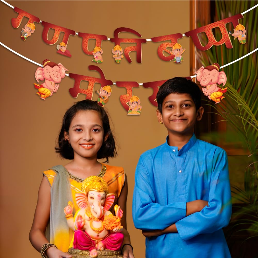 Festiko Ganpati Bappa Morya Banner with Ribbon, Hanging Decoration Supplies, Ganesh Chaturthi Decoration Combo
