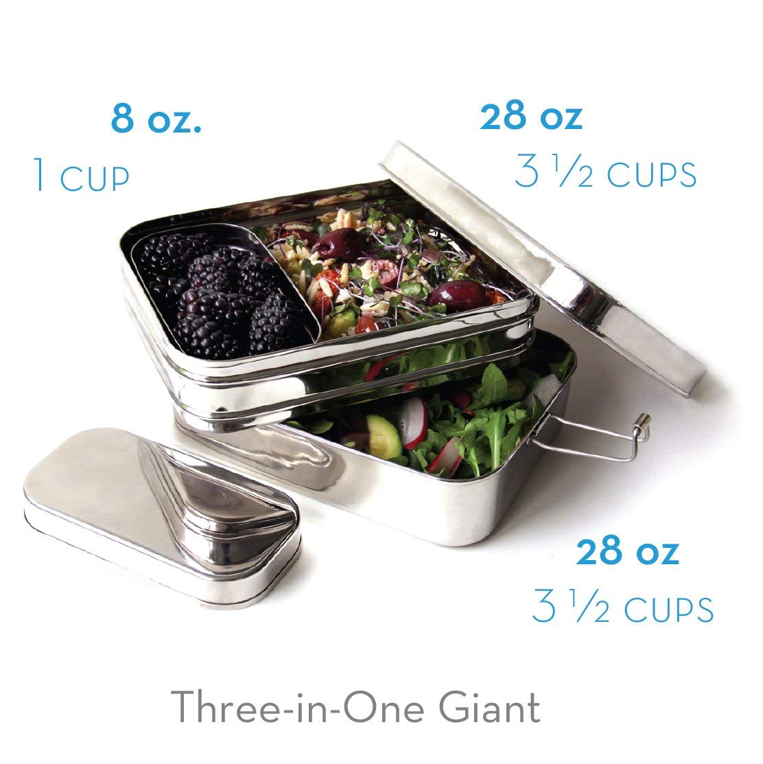 Ecolunchbox Three-In-One Stainless Steel Bento Box - 2 Levels - Plus Snack Container - Size Giant - Holds 8 Cups Of Food - Not L