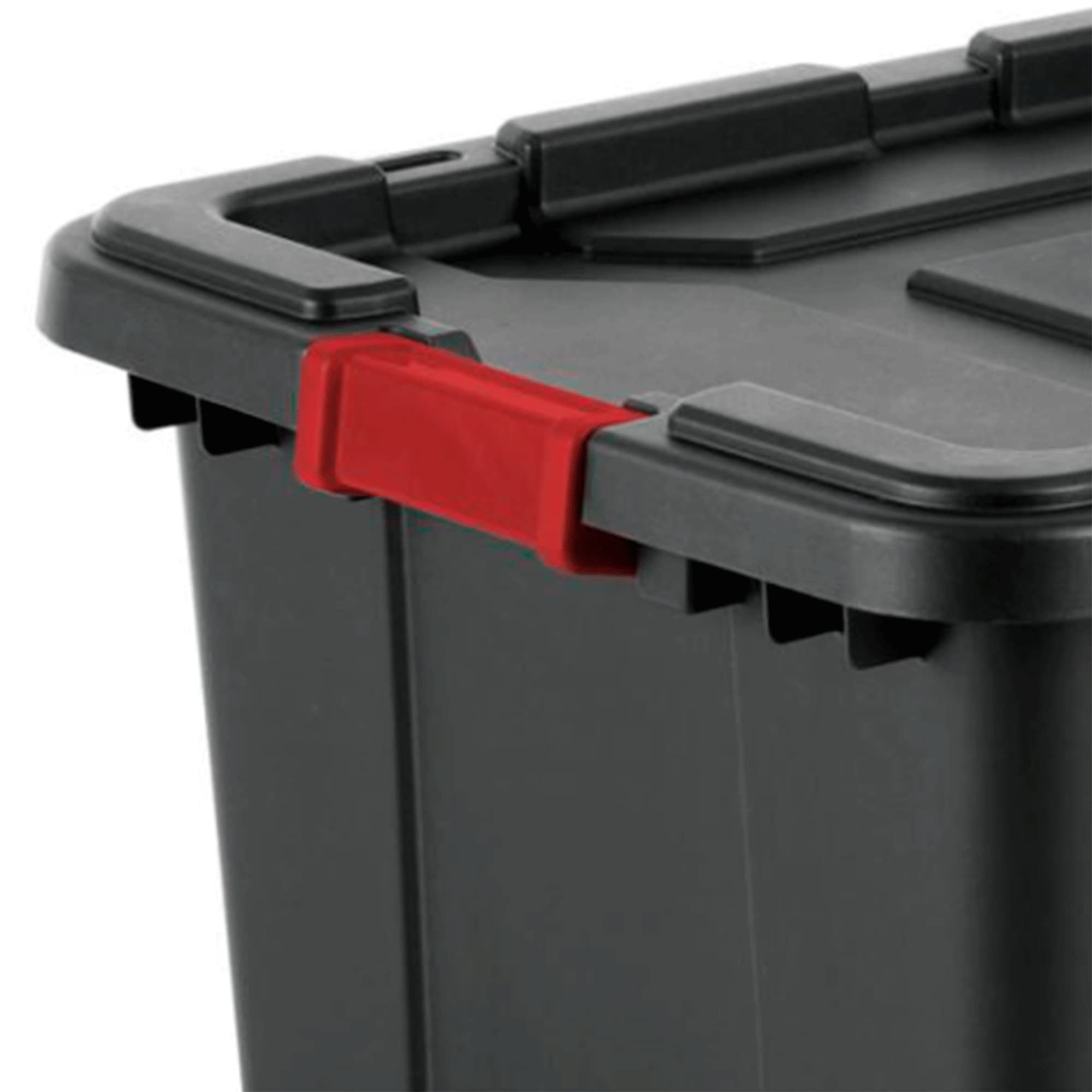 Sterilite 15 Gal Industrial Tote, Stackable Storage Bin With Latching Lid, Plastic Container With Heavy Duty Latches, Black Base