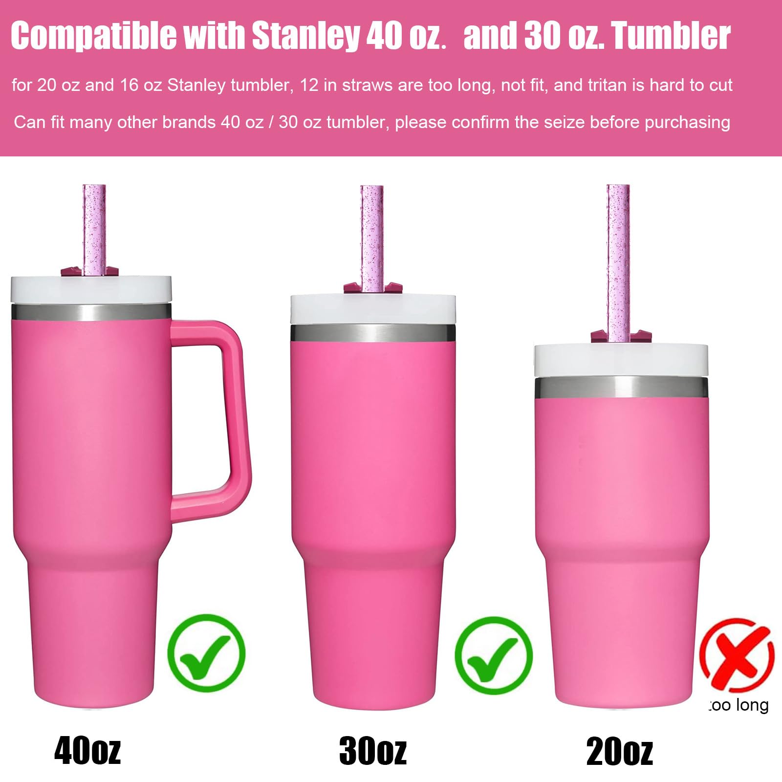 ALINK 10 Pack Pink Replacement Straws for Stanley 40 oz 30 oz Tumbler  12 in Long Reusable Plastic Glitter Straws for Stanley Cup Accessories  Half Gallon Jug  Plus 2 Cleaning Brush